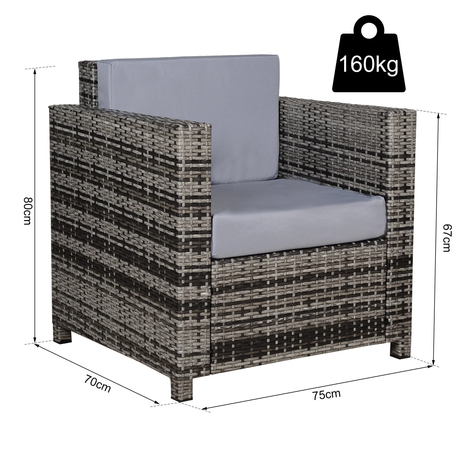 Outsunny 1 Seater Rattan Garden All-Weather Wicker Weave Single Sofa Armchair With Fire Resistant Cushion - Grey - Image 3