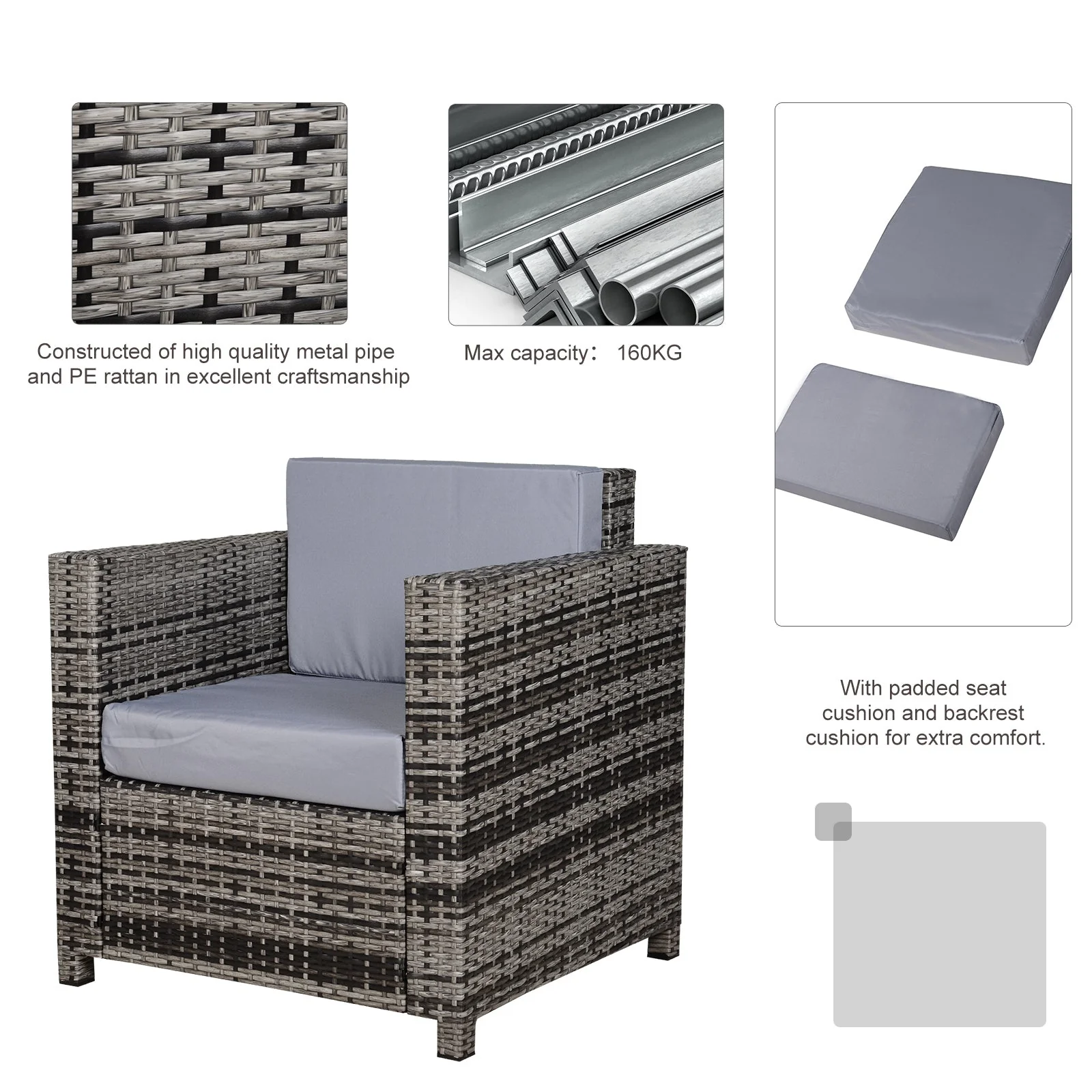 Outsunny 1 Seater Rattan Garden All-Weather Wicker Weave Single Sofa Armchair With Fire Resistant Cushion - Grey - Image 5
