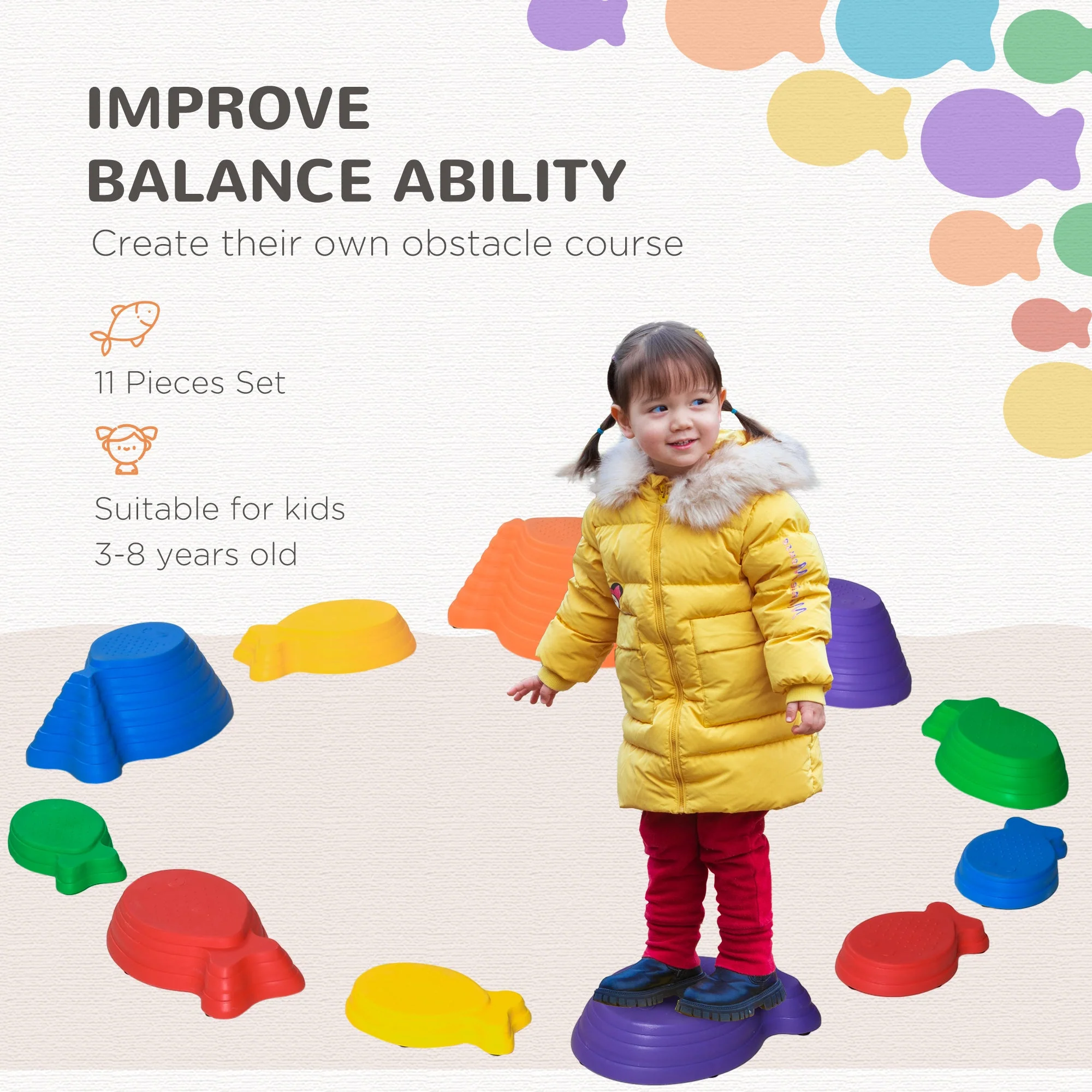 Outsunny 11 Piece Kids Balance Stepping Stones - Multicoloured - Image 3