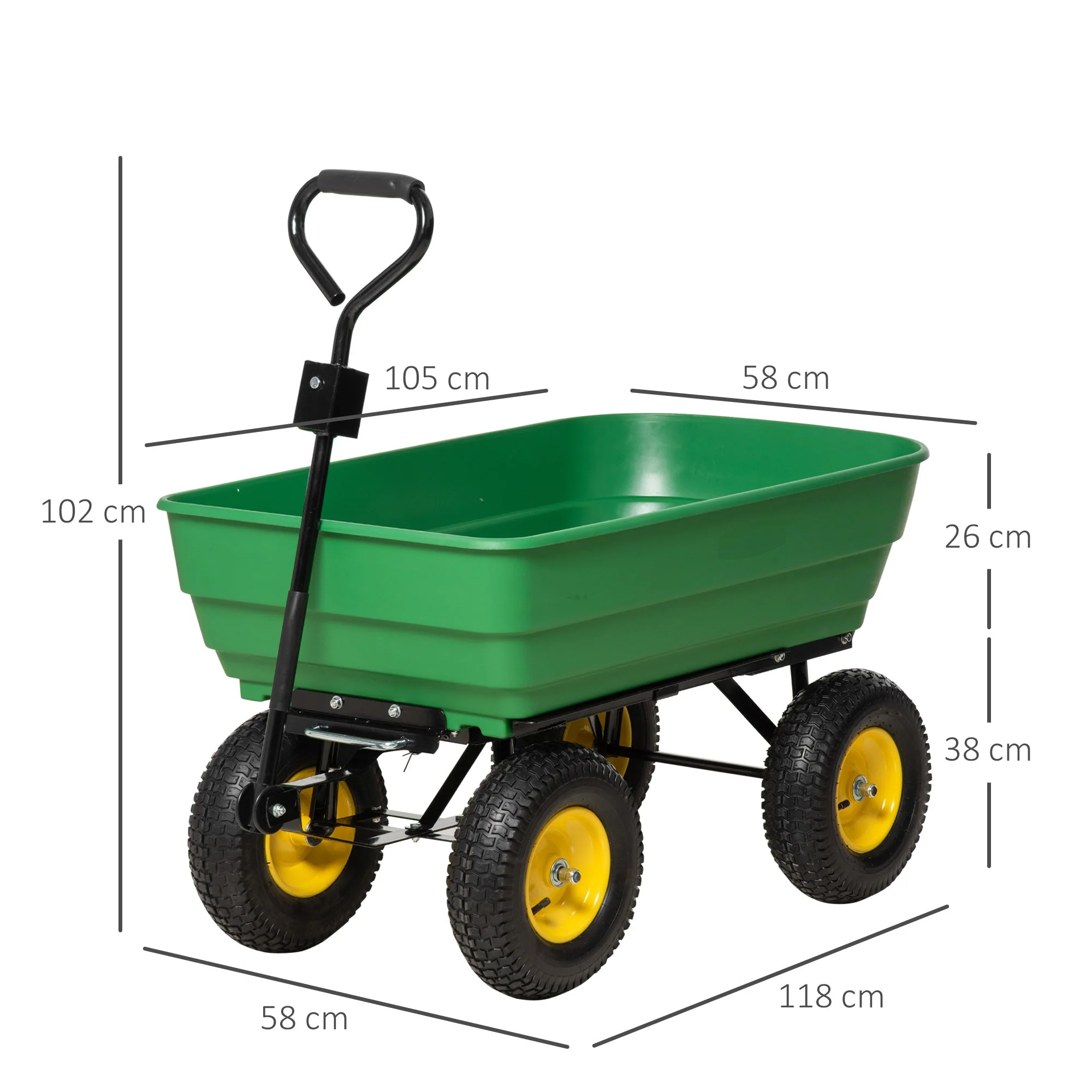 Outsunny 125 Litre Large Garden Cart Heavy Duty 4 Wheel Trolley Dump Wheelbarrow Tipping Truck Trailer - Green - Image 3