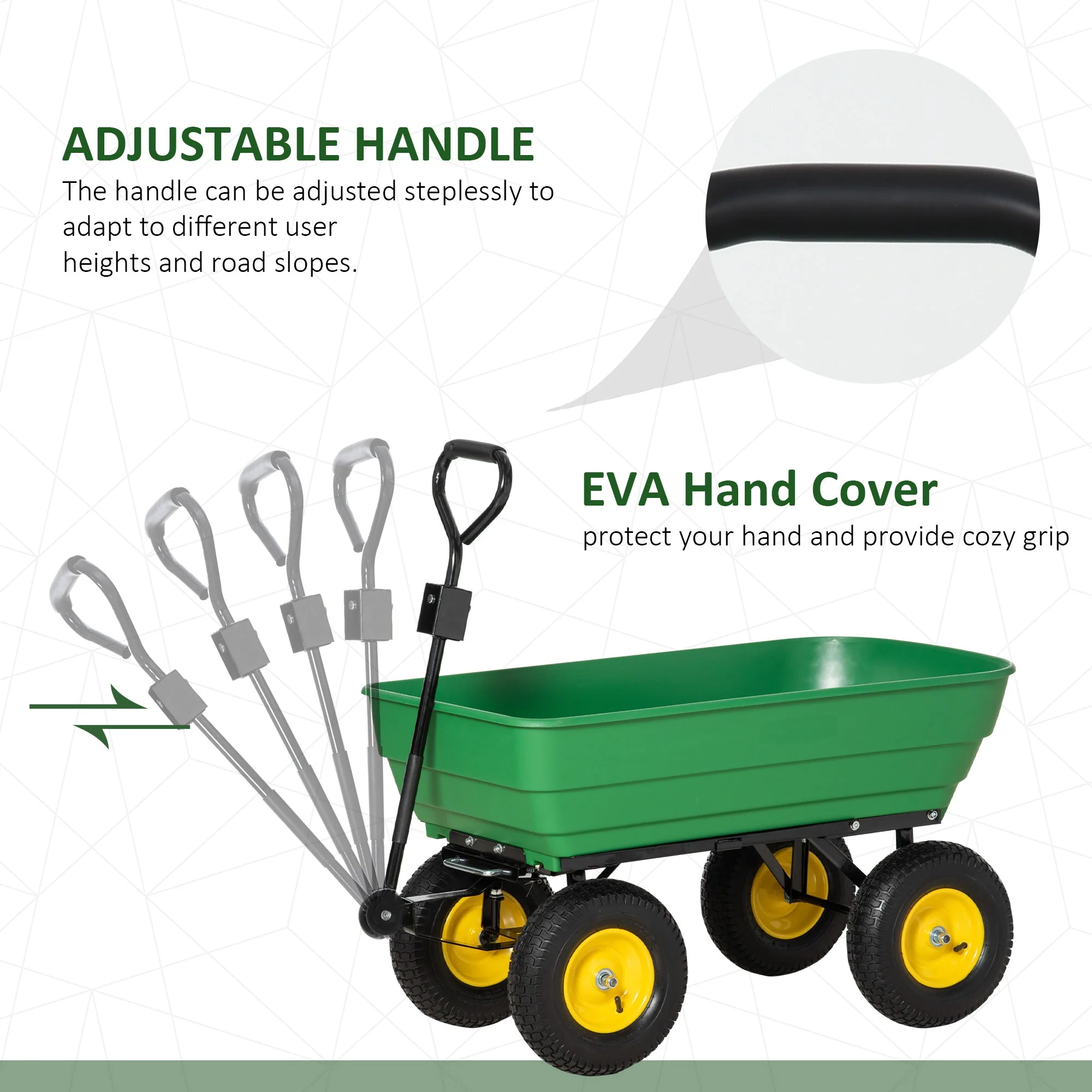 Outsunny 125 Litre Large Garden Cart Heavy Duty 4 Wheel Trolley Dump Wheelbarrow Tipping Truck Trailer - Green - Image 6