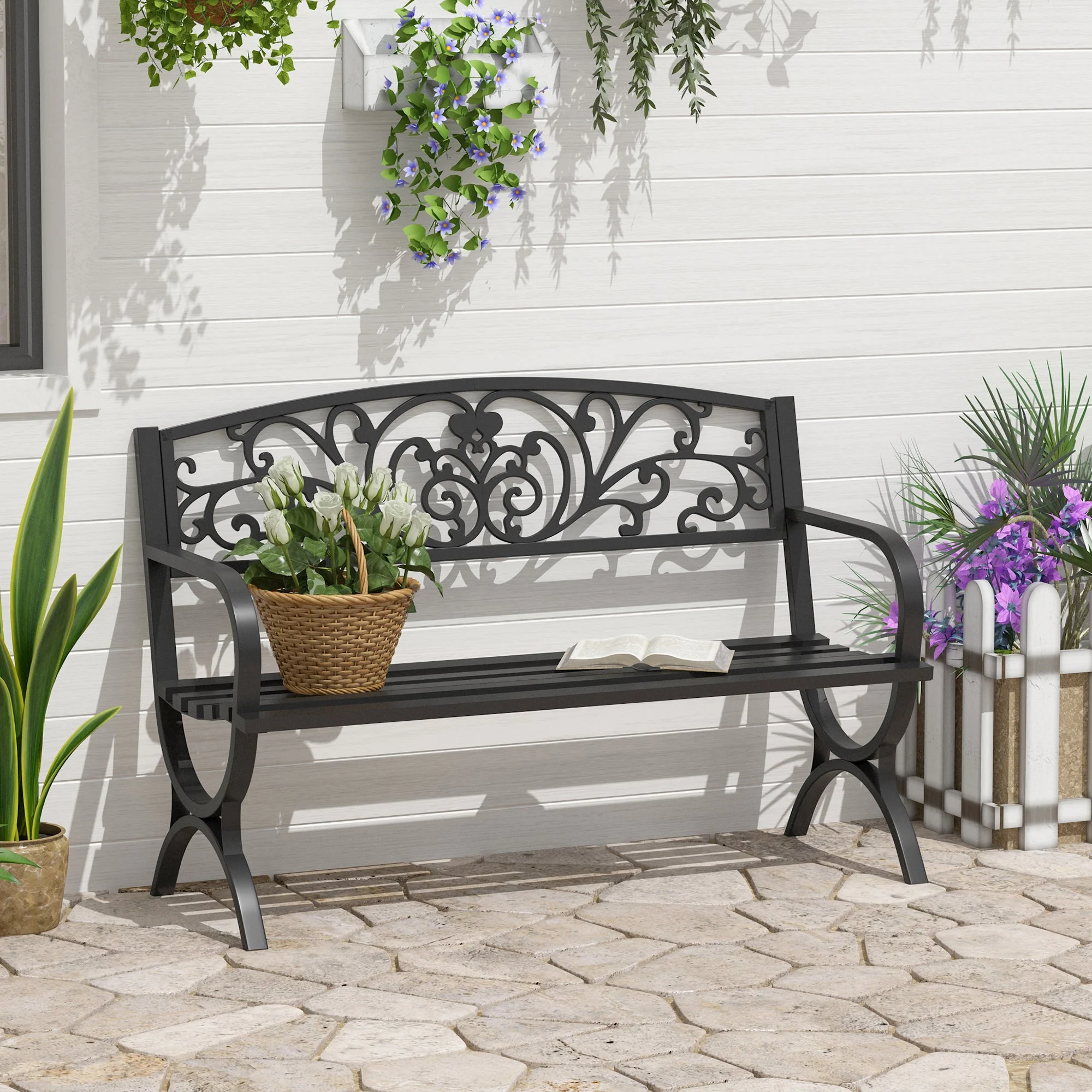 Outsunny 127L X 60W X 85H cm Powder Coated Garden Bench For Patio Backyard Steel-Black - Image 2