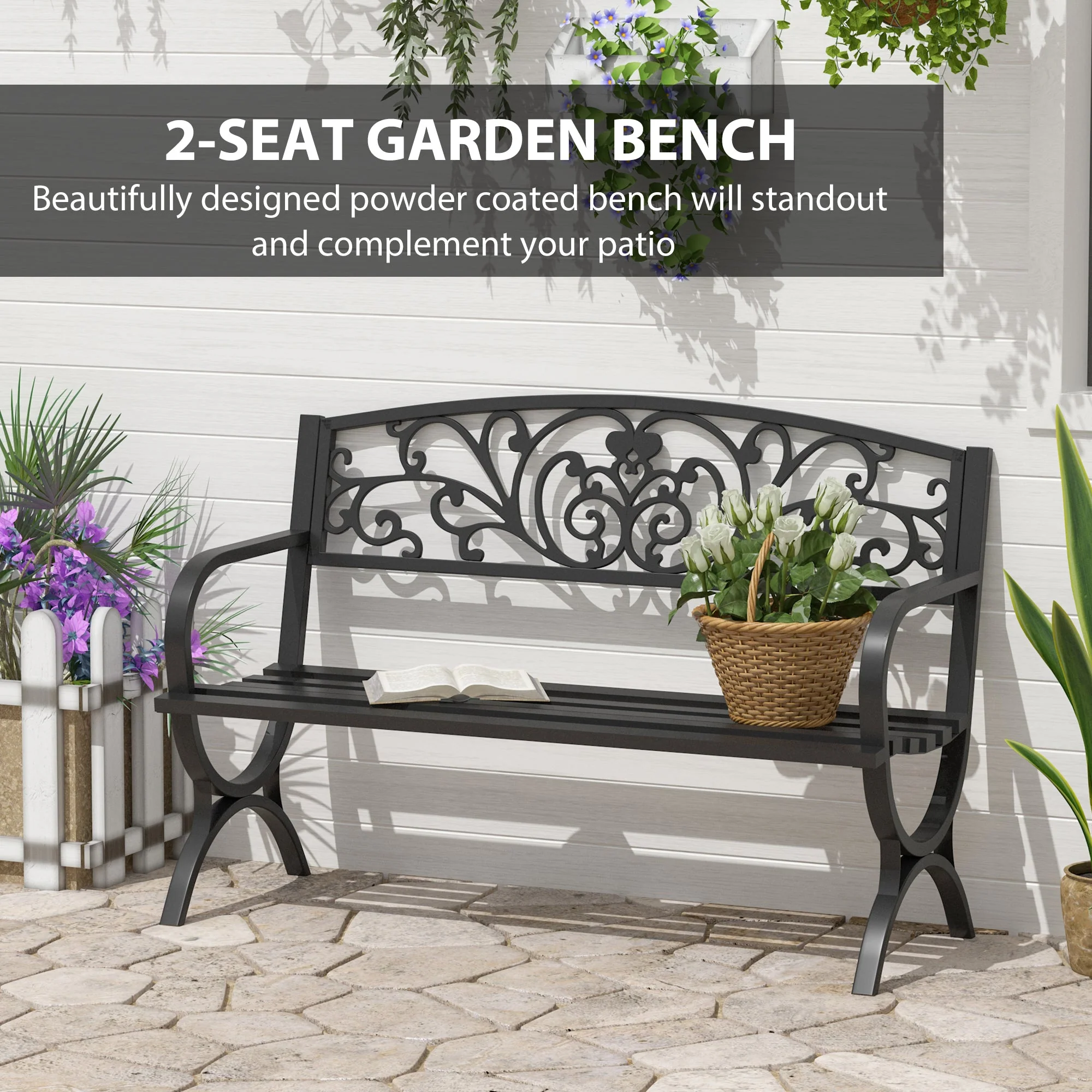 Outsunny 127L X 60W X 85H cm Powder Coated Garden Bench For Patio Backyard Steel-Black - Image 4