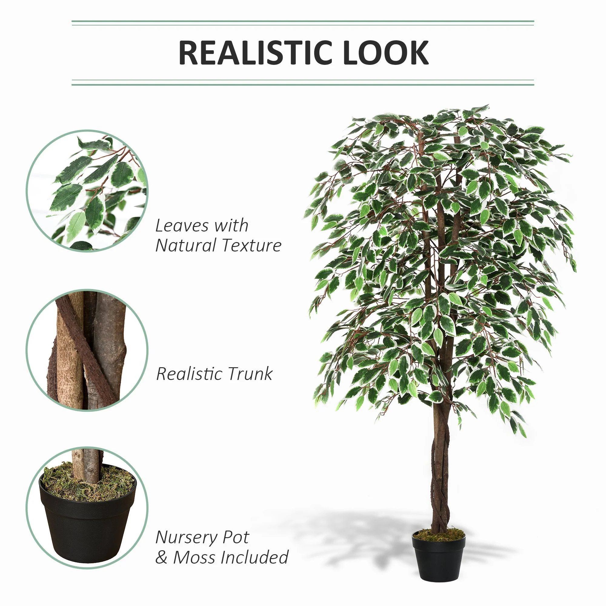 Outsunny 160cm/5.2Ft Artificial Ficus Silk Tree With Nursery Pot Decorative Fake Plant For Indoor Outdoor Dcor - Image 4