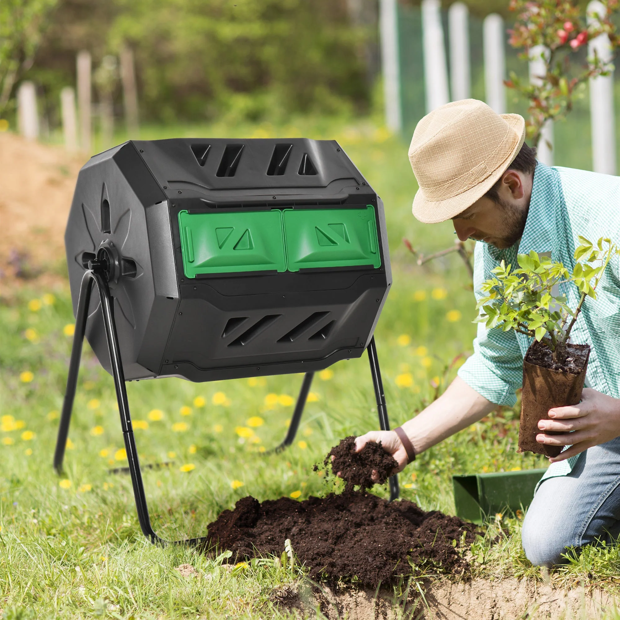 Outsunny 160L Tumbling Compost Bin Outdoor Dual Chamber 360 Rotating Composter - Image 2