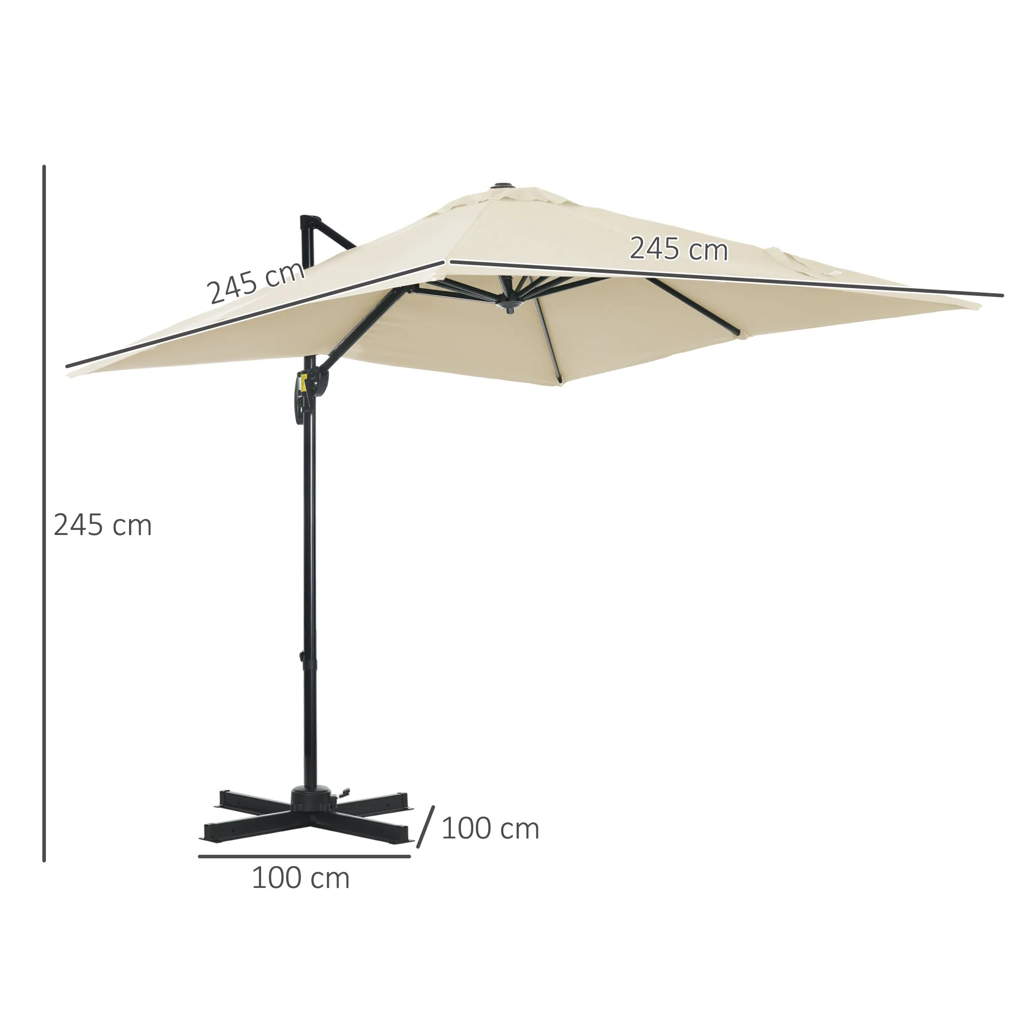 Outsunny 2.5 x 2.5m Patio Offset Parasol Umbrella Cantilever Hanging Aluminium Sun Shade Canopy Shelter 360 Rotation with Crank Handle and Cross Base - Image 2