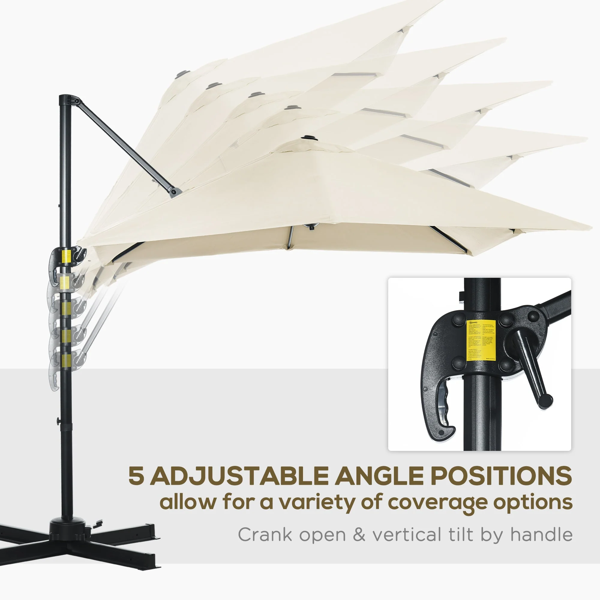 Outsunny 2.5 x 2.5m Patio Offset Parasol Umbrella Cantilever Hanging Aluminium Sun Shade Canopy Shelter 360 Rotation with Crank Handle and Cross Base - Image 4