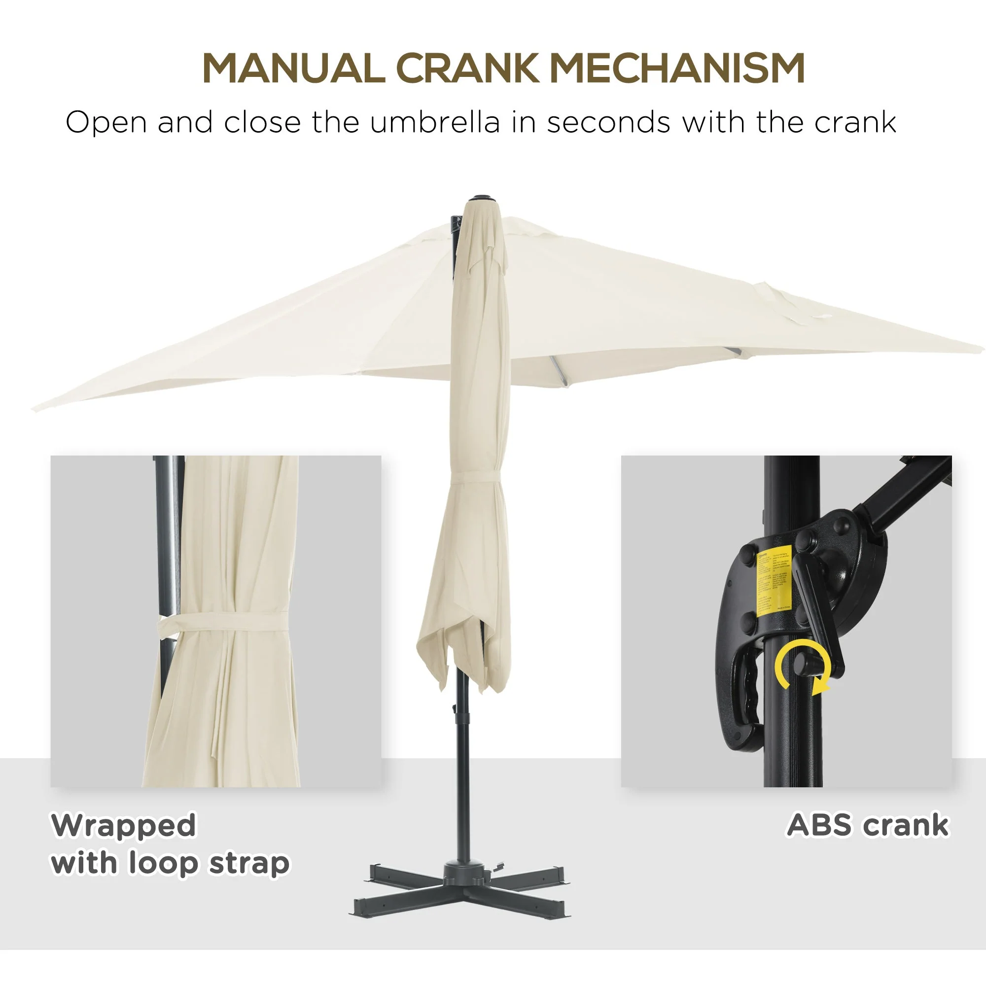 Outsunny 2.5 x 2.5m Patio Offset Parasol Umbrella Cantilever Hanging Aluminium Sun Shade Canopy Shelter 360 Rotation with Crank Handle and Cross Base - Image 5