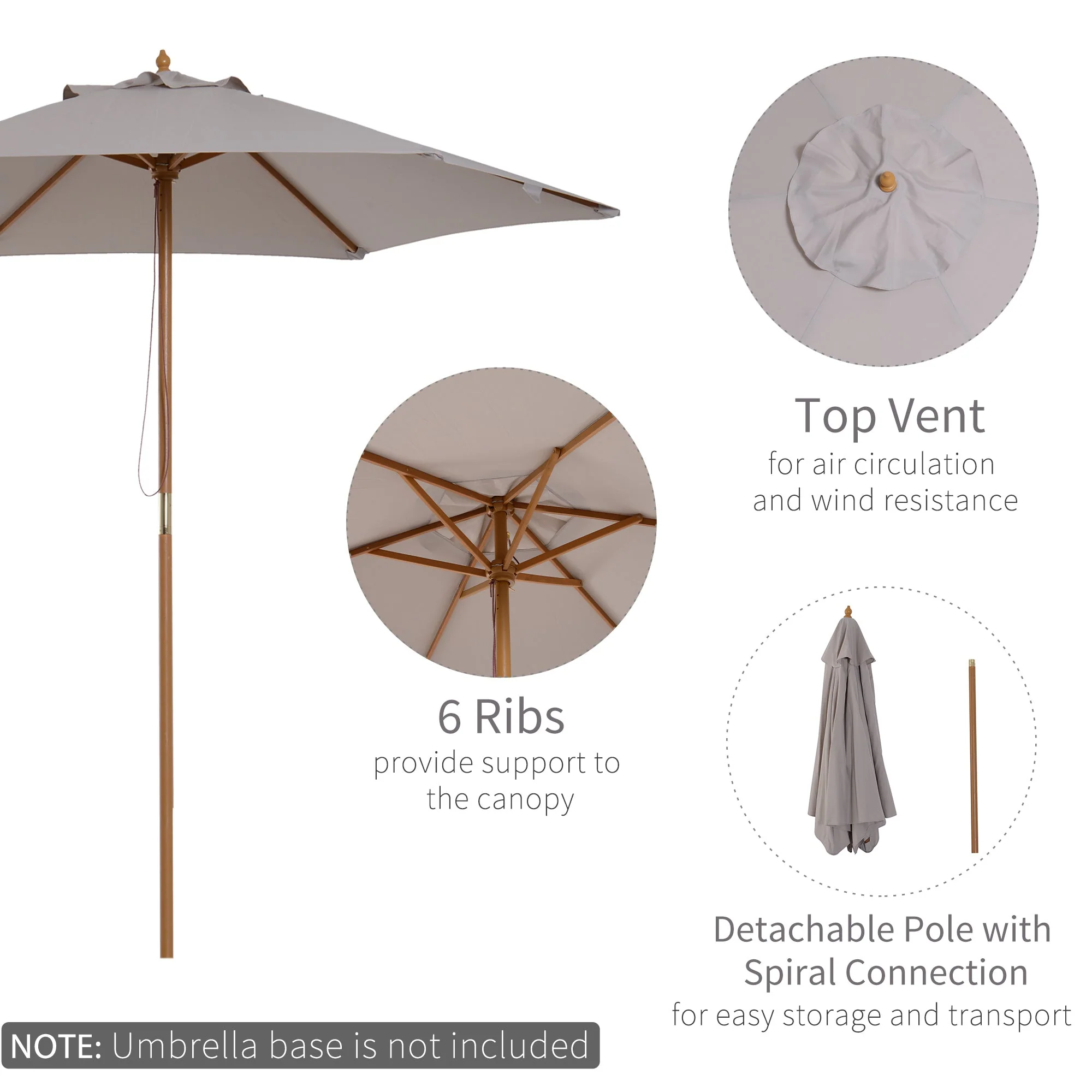 2.5M Wood Garden Parasol Sun Shade Patio Outdoor Wooden Umbrella Canopy Grey - Image 4