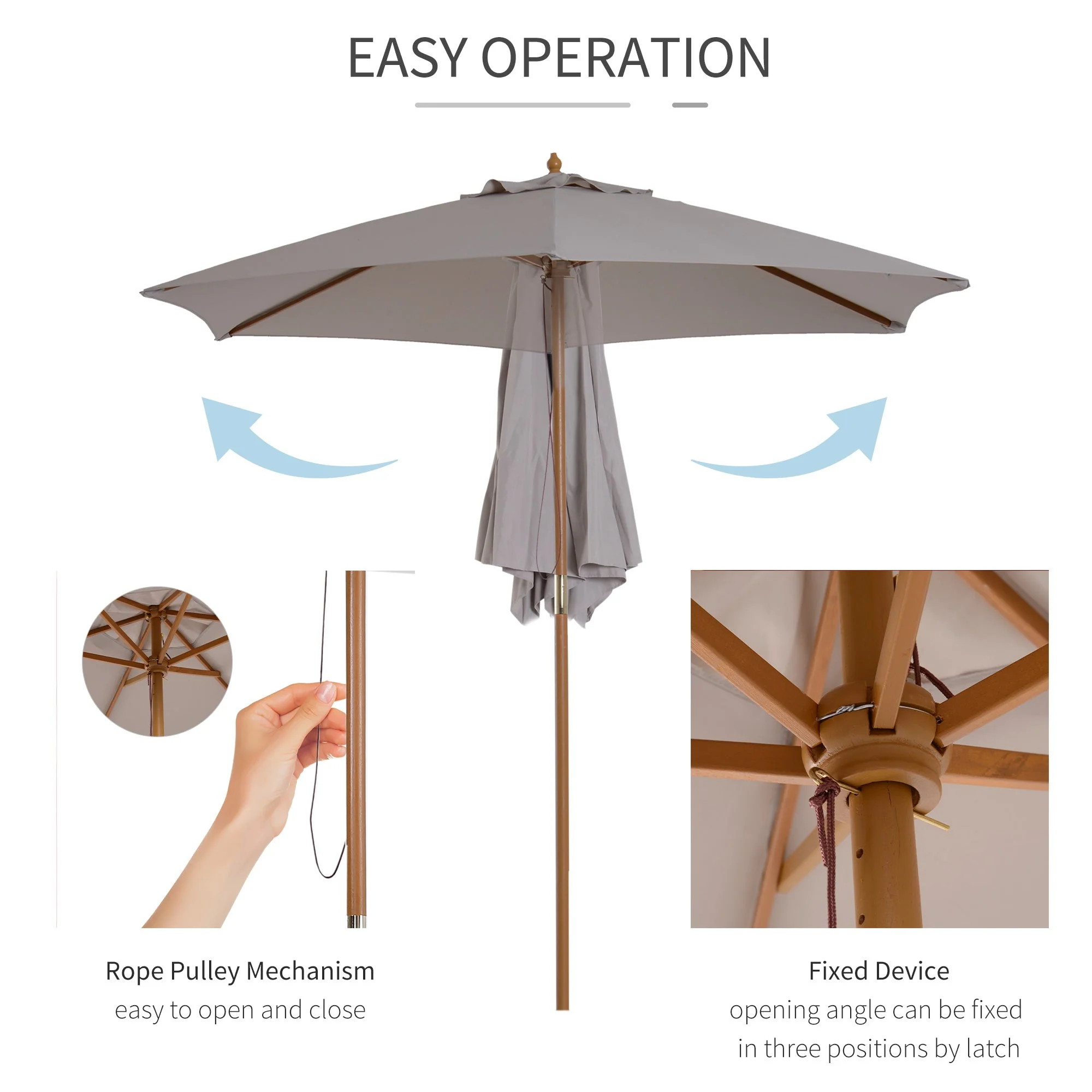 2.5M Wood Garden Parasol Sun Shade Patio Outdoor Wooden Umbrella Canopy Grey - Image 5