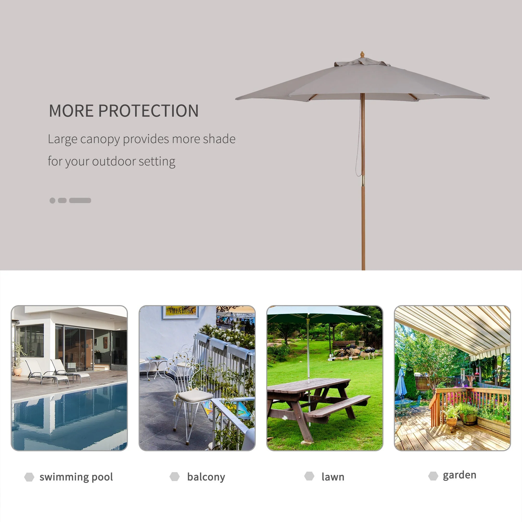 2.5M Wood Garden Parasol Sun Shade Patio Outdoor Wooden Umbrella Canopy Grey - Image 6