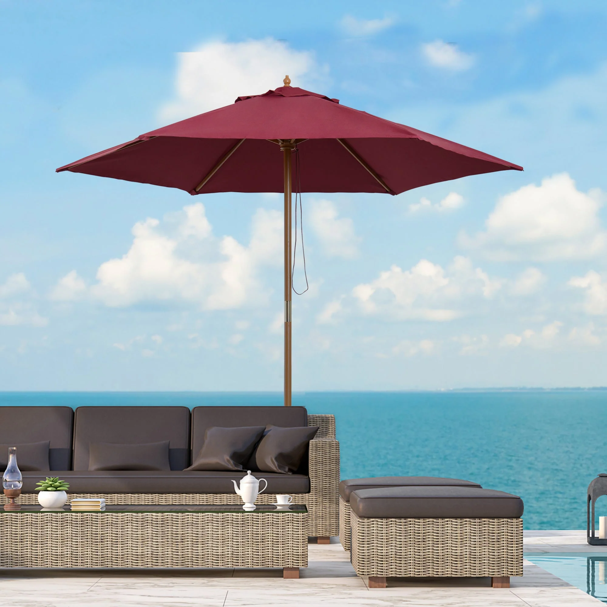 Outsunny 2.5M Wooden Garden Parasol Umbrella-Red Wine - Image 2