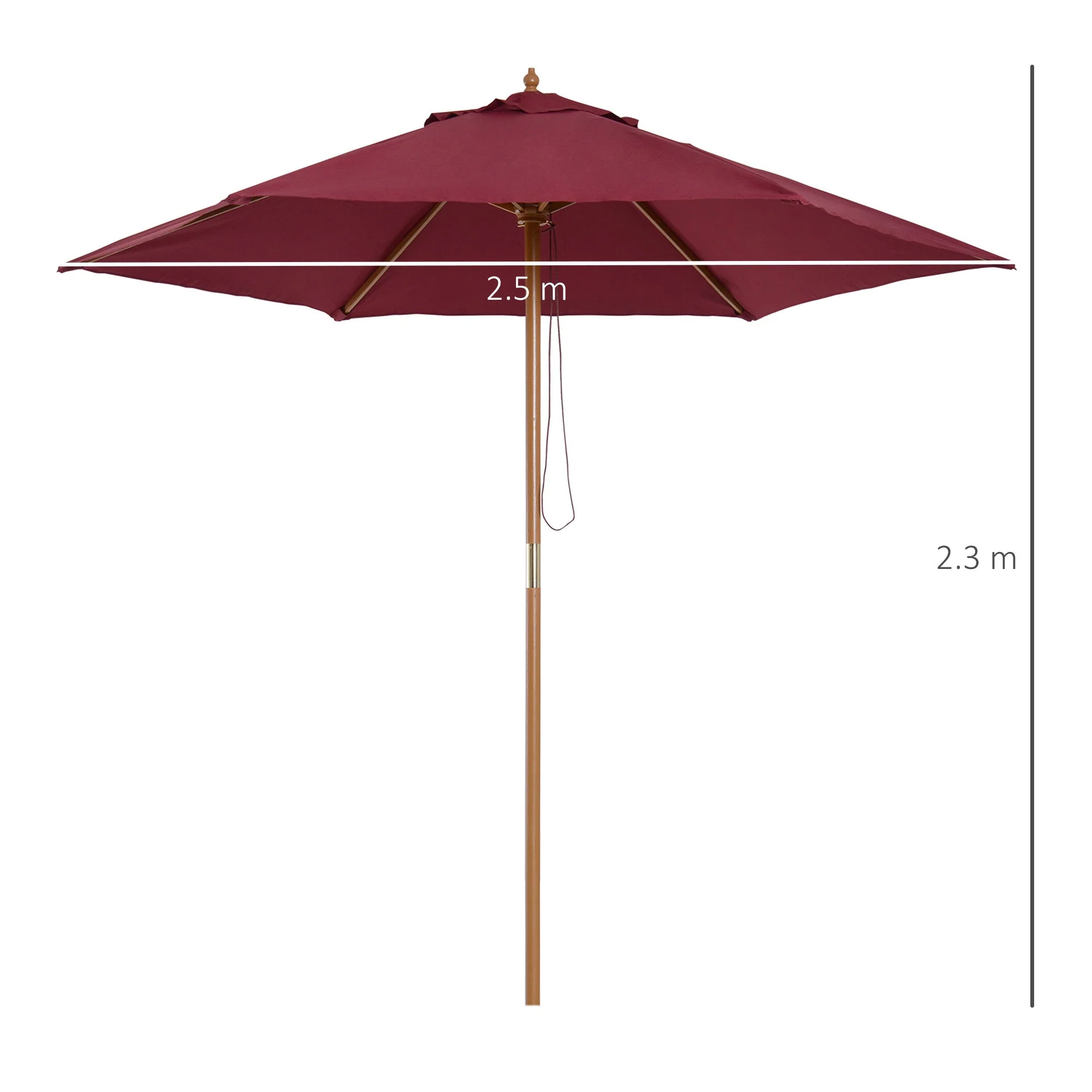 Outsunny 2.5M Wooden Garden Parasol Umbrella-Red Wine - Image 3