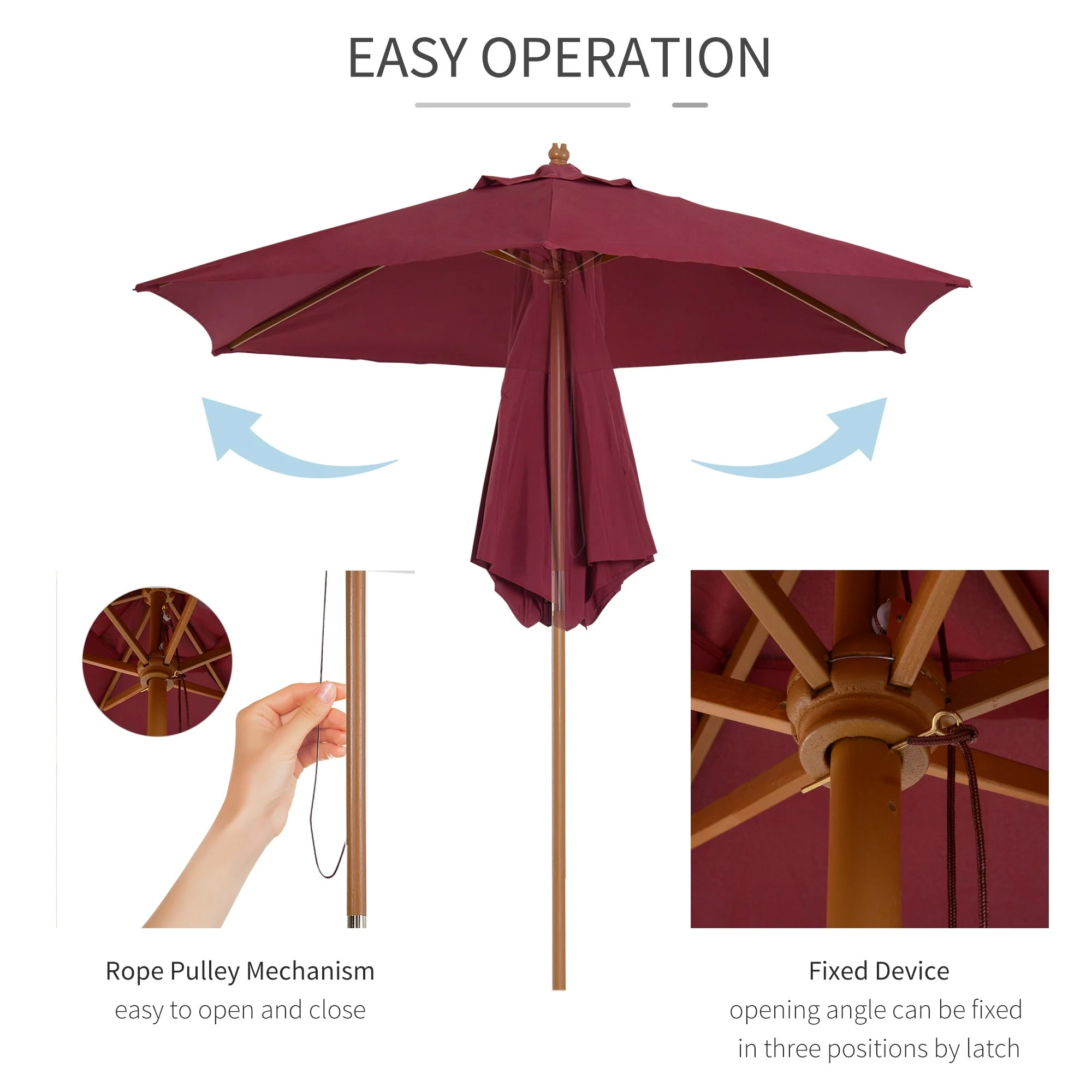 Outsunny 2.5M Wooden Garden Parasol Umbrella-Red Wine - Image 5