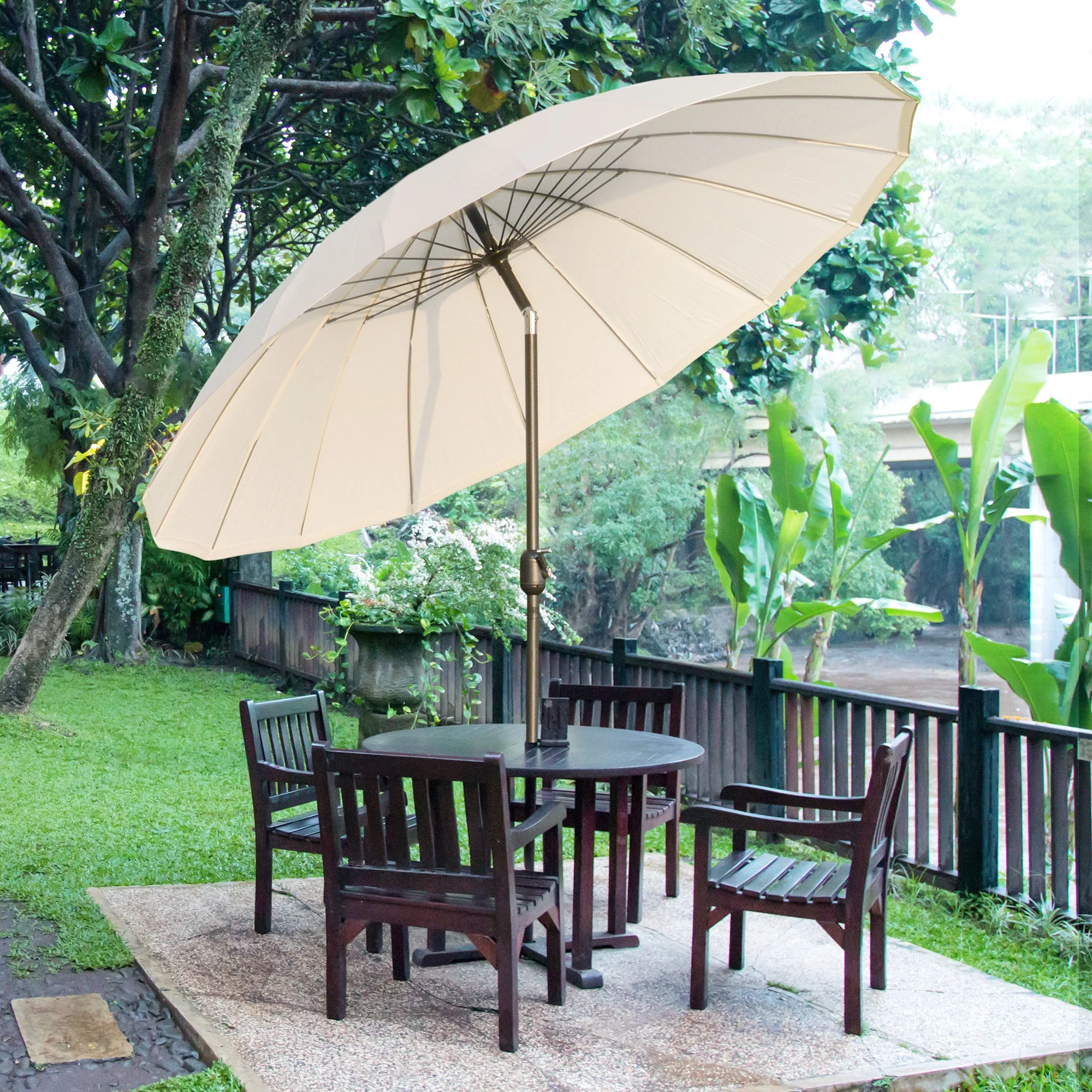 Outsunny 2.6M Shanghai Garden Parasol Umbrella With Crank & Tilt Adjustable Outdoor Sun Shade Off-White - Image 2
