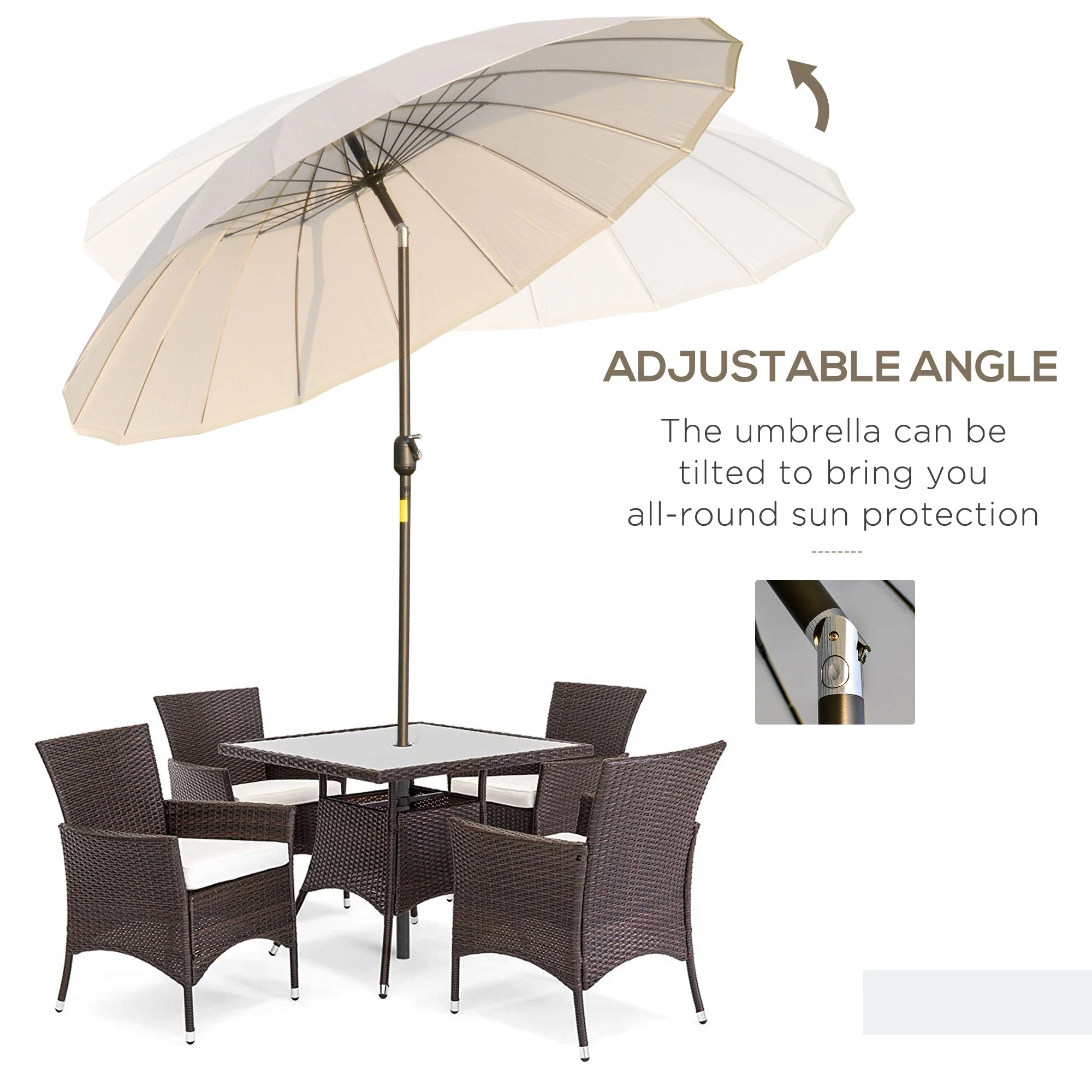 Outsunny 2.6M Shanghai Garden Parasol Umbrella With Crank & Tilt Adjustable Outdoor Sun Shade Off-White - Image 5