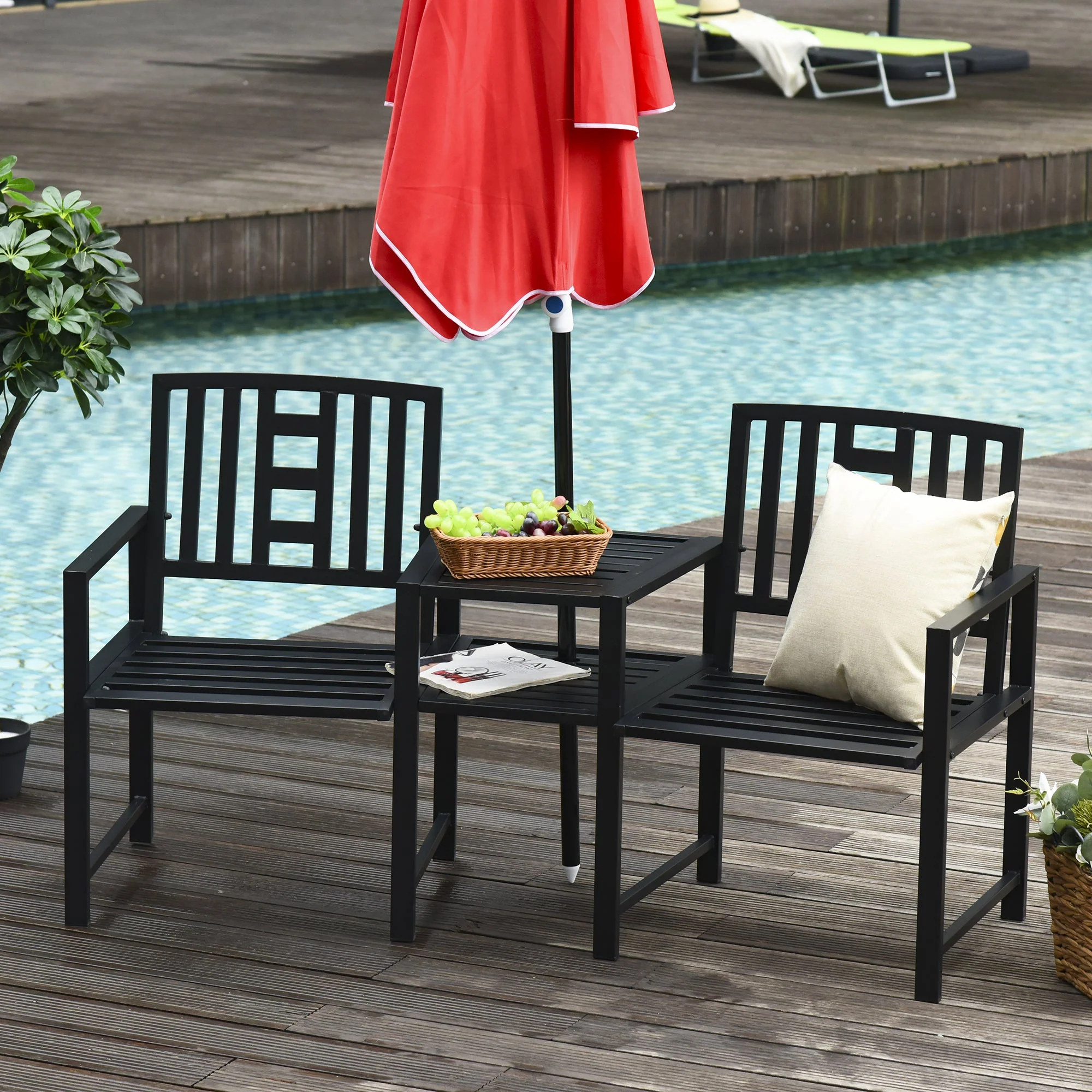 2 Seat Garden Chair Bench Loveseats Jack And Jill Seat With coffee Table Slatted Design Patio Yard - Image 2