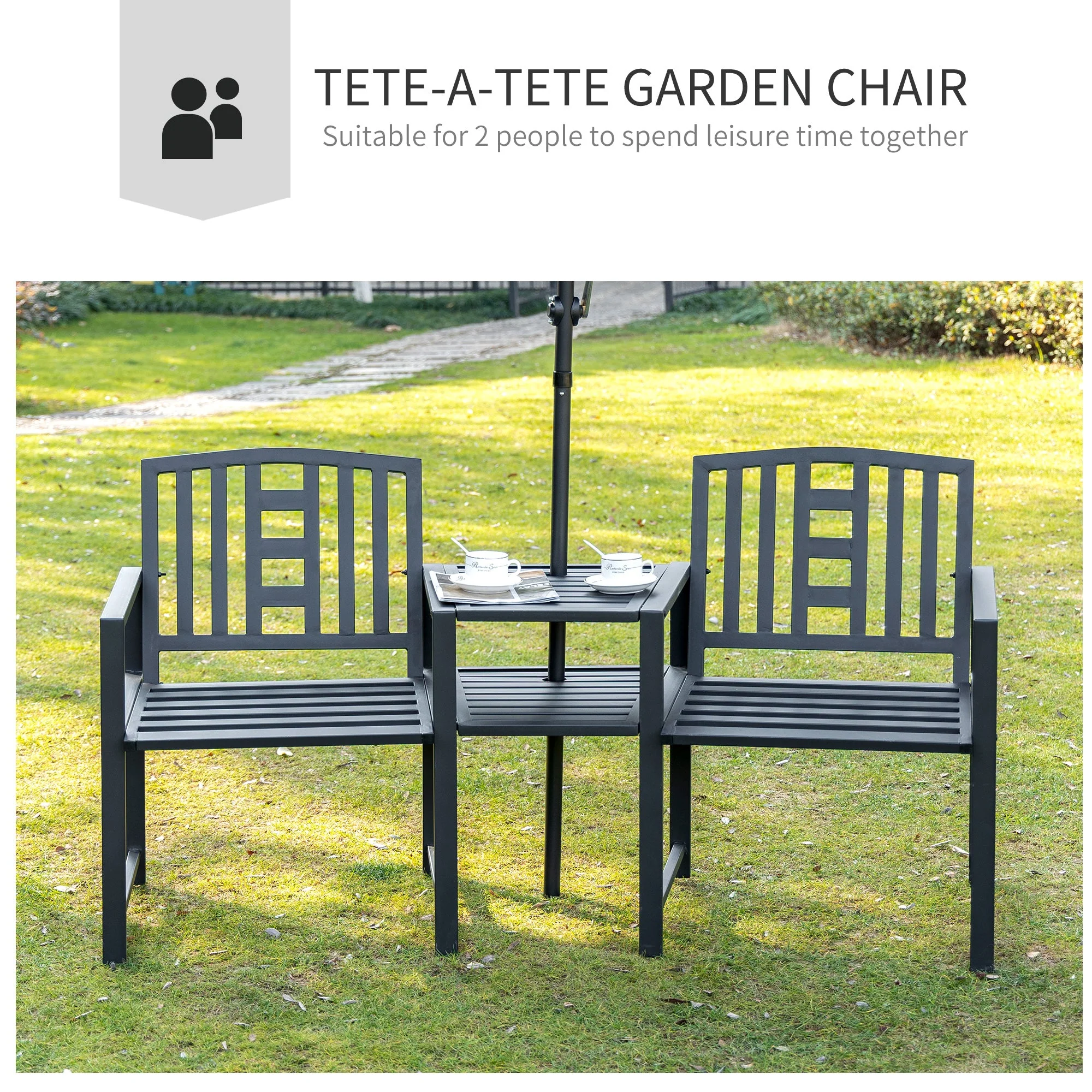 2 Seat Garden Chair Bench Loveseats Jack And Jill Seat With coffee Table Slatted Design Patio Yard - Image 4