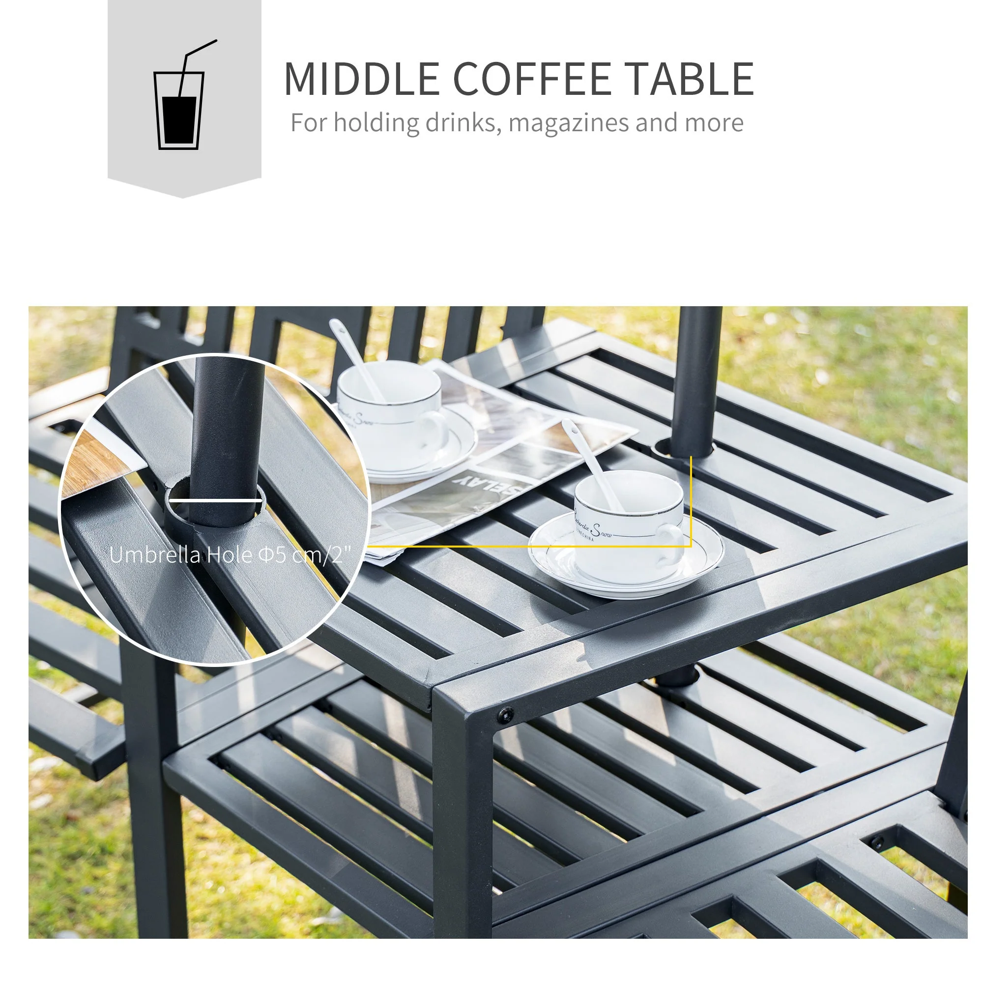 2 Seat Garden Chair Bench Loveseats Jack And Jill Seat With coffee Table Slatted Design Patio Yard - Image 5