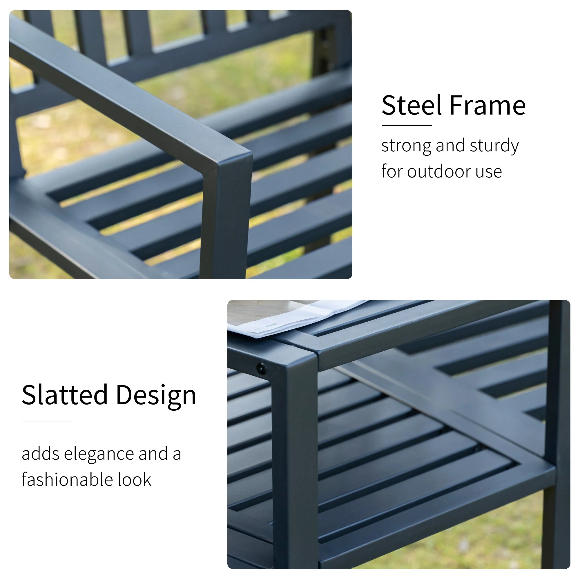 2 Seat Garden Chair Bench Loveseats Jack And Jill Seat With coffee Table Slatted Design Patio Yard - Image 6