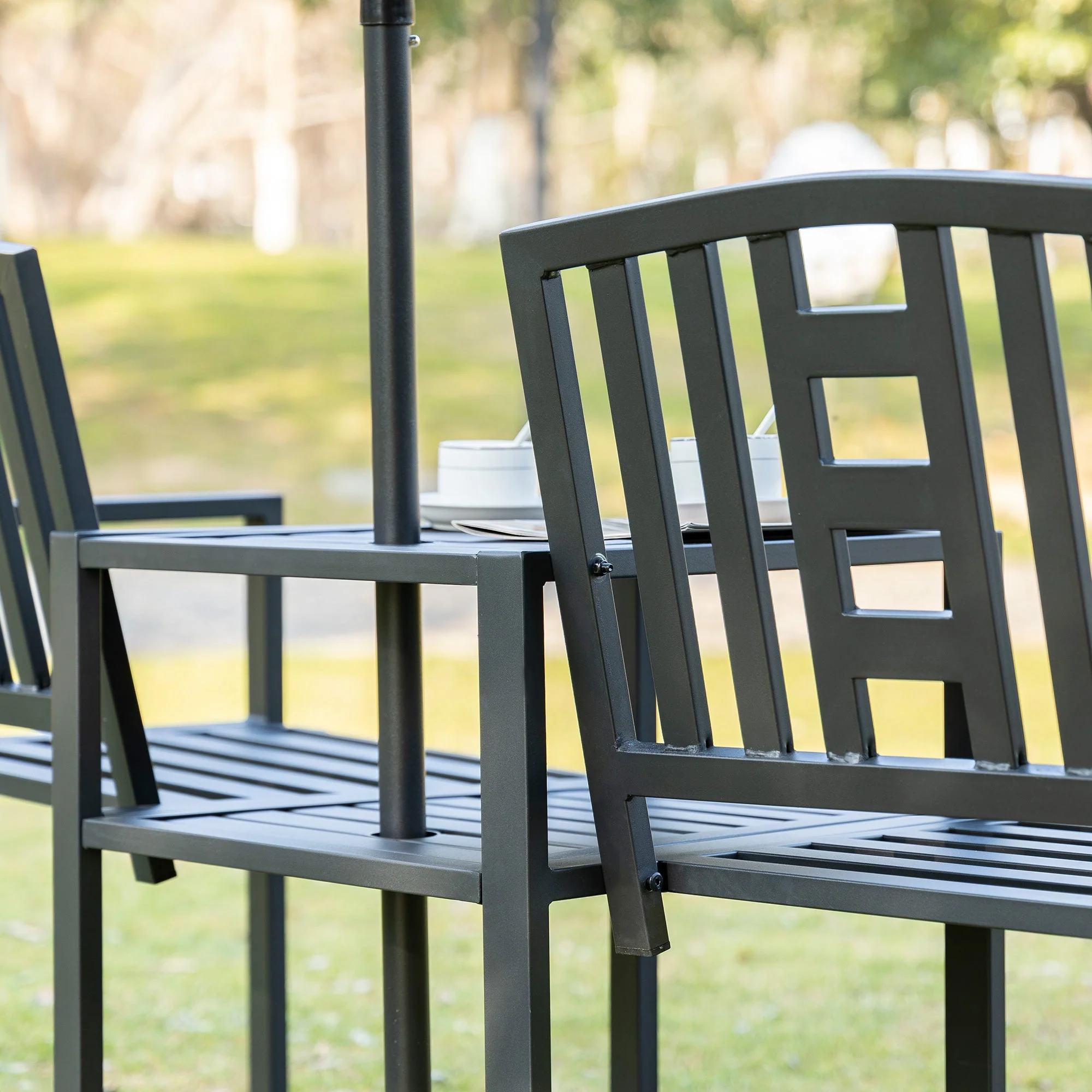 2 Seat Garden Chair Bench Loveseats Jack And Jill Seat With coffee Table Slatted Design Patio Yard - Image 7