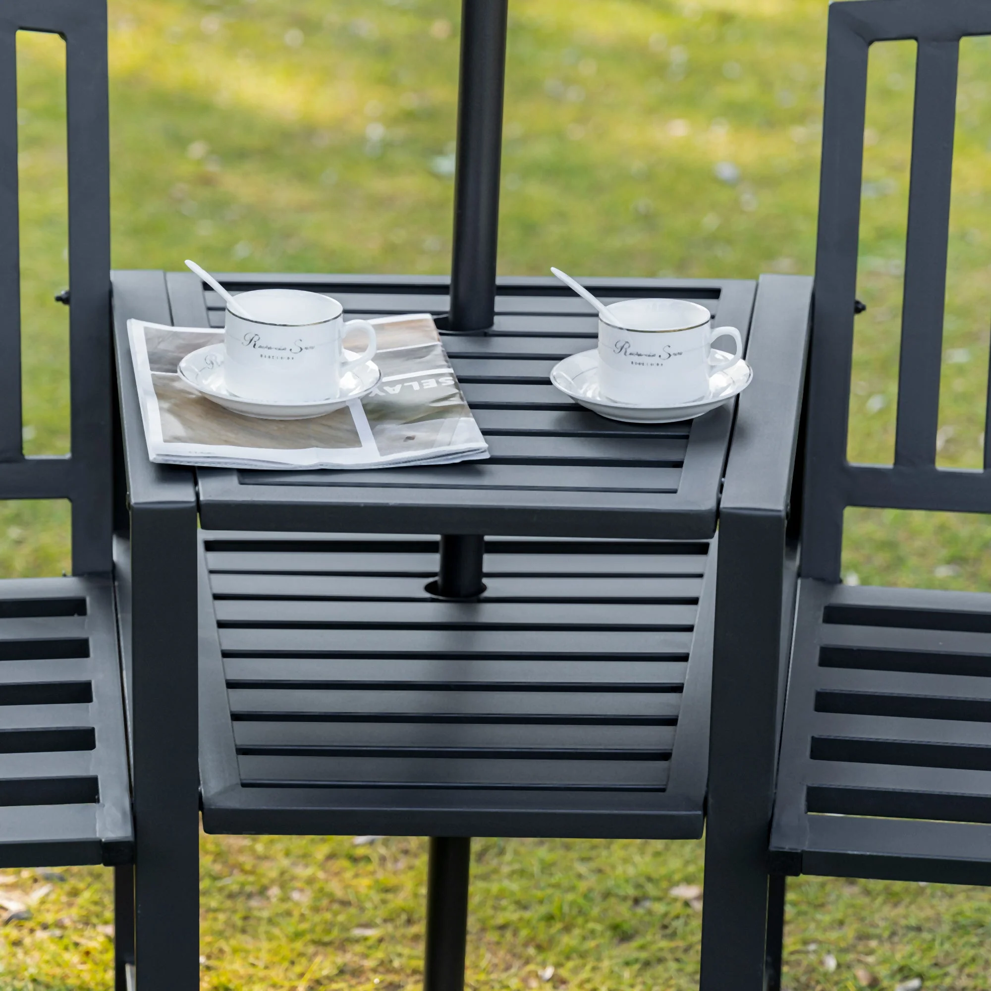 2 Seat Garden Chair Bench Loveseats Jack And Jill Seat With coffee Table Slatted Design Patio Yard - Image 8
