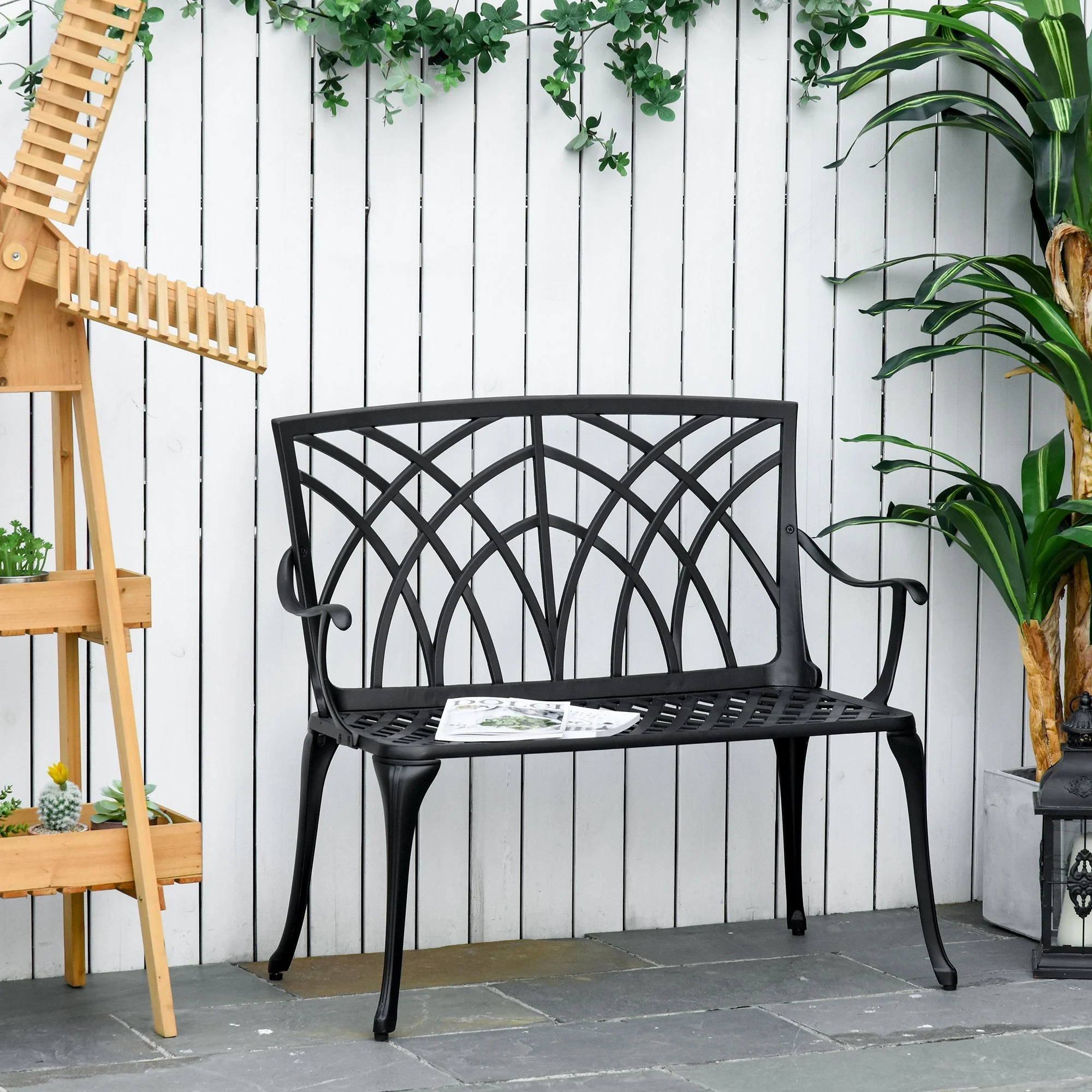 Outsunny 2-Seater Cast Aluminium Garden Bench Loveseat Outdoor Furniture Chair w/ Decorative Backrest & Ergonomic Armrest for Patio Terrace Porch - Image 2