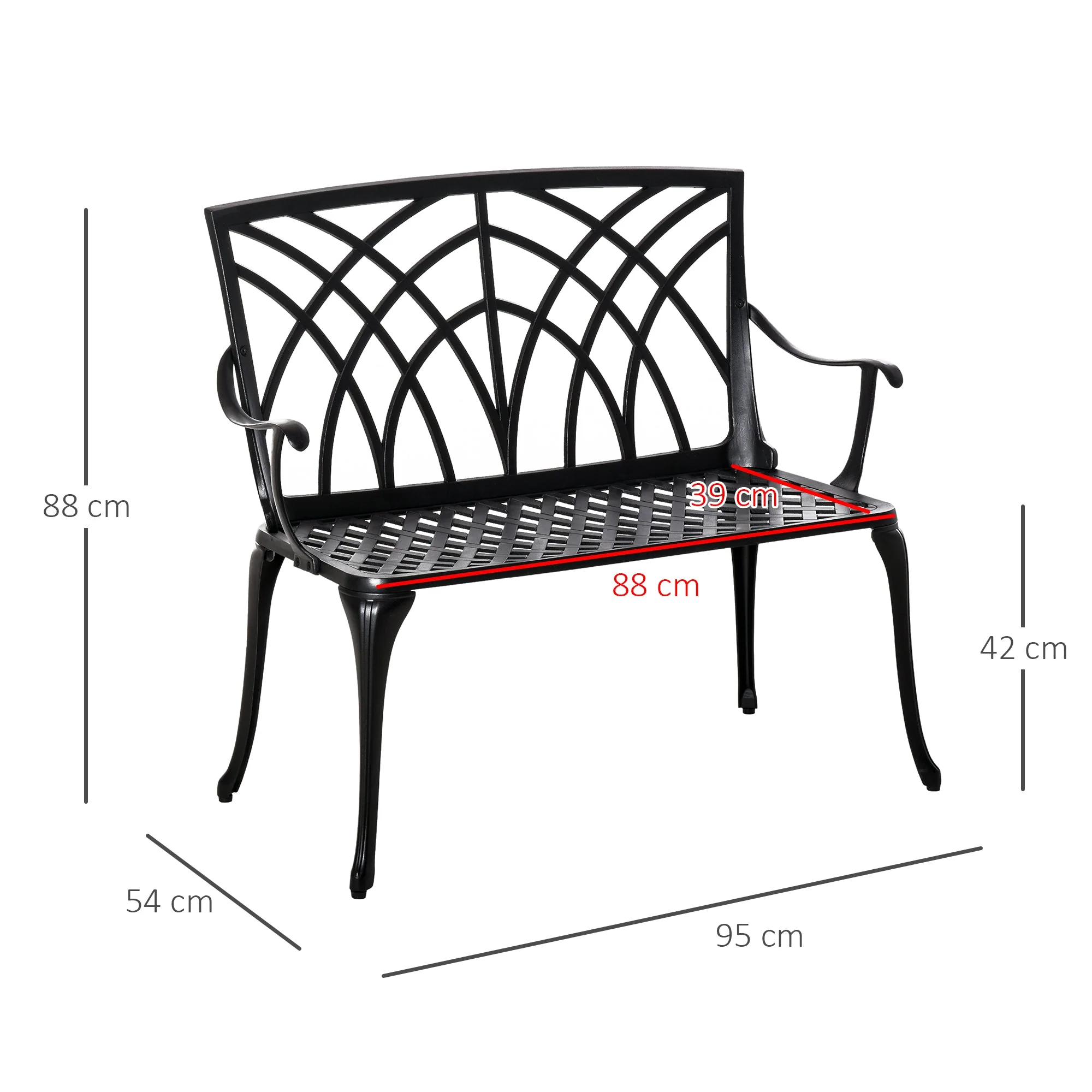 Outsunny 2-Seater Cast Aluminium Garden Bench Loveseat Outdoor Furniture Chair w/ Decorative Backrest & Ergonomic Armrest for Patio Terrace Porch - Image 3