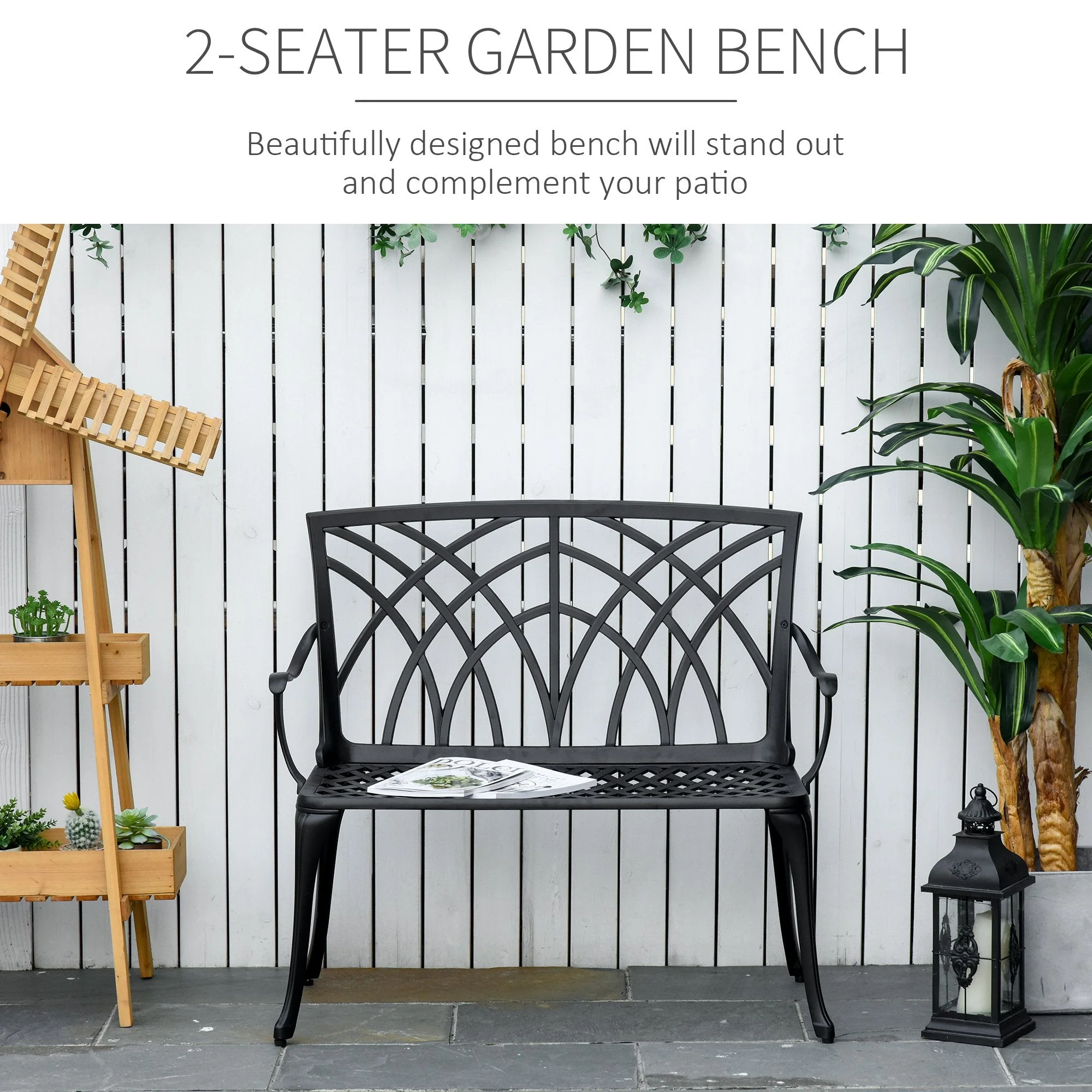 Outsunny 2-Seater Cast Aluminium Garden Bench Loveseat Outdoor Furniture Chair w/ Decorative Backrest & Ergonomic Armrest for Patio Terrace Porch - Image 4