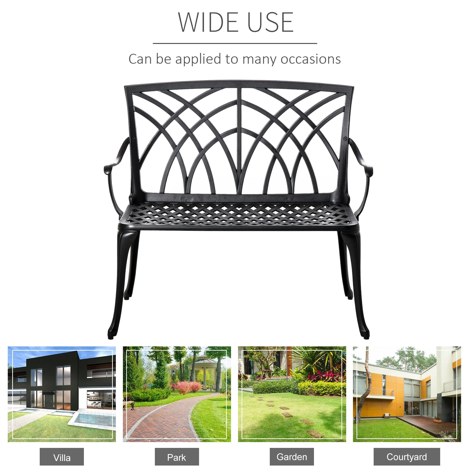 Outsunny 2-Seater Cast Aluminium Garden Bench Loveseat Outdoor Furniture Chair w/ Decorative Backrest & Ergonomic Armrest for Patio Terrace Porch - Image 6