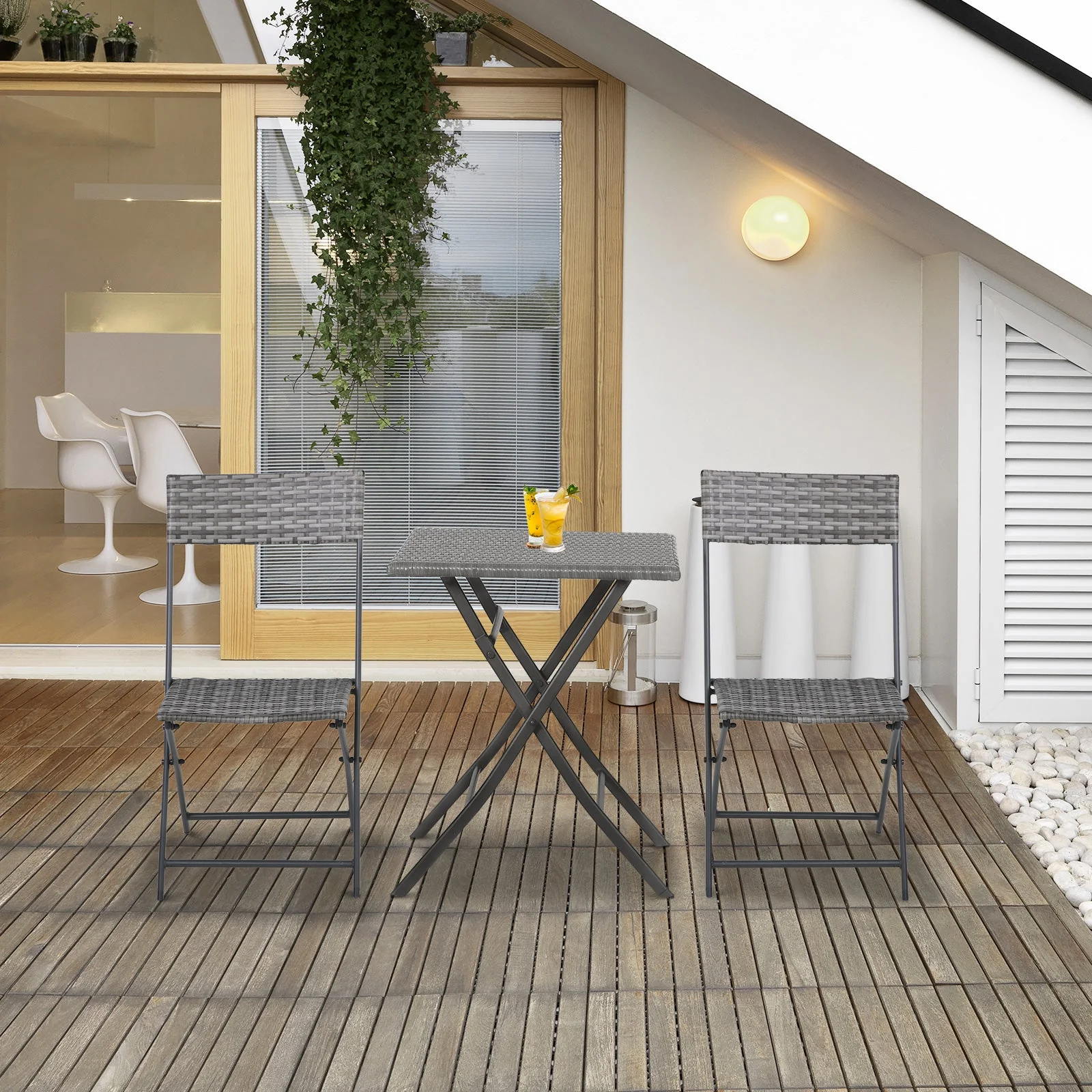 Outsunny 2-Seater Chair Bistro Set Garden Patio Table & Chair Black Rattan Furniture Grey - Image 2