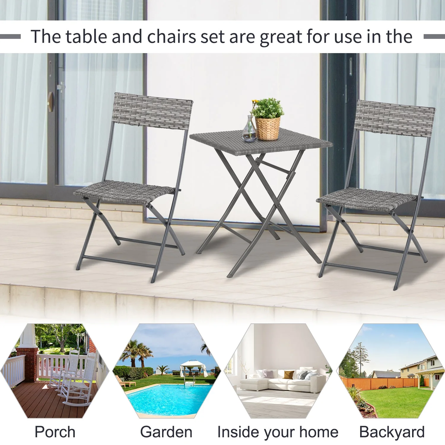 Outsunny 2-Seater Chair Bistro Set Garden Patio Table & Chair Black Rattan Furniture Grey - Image 6