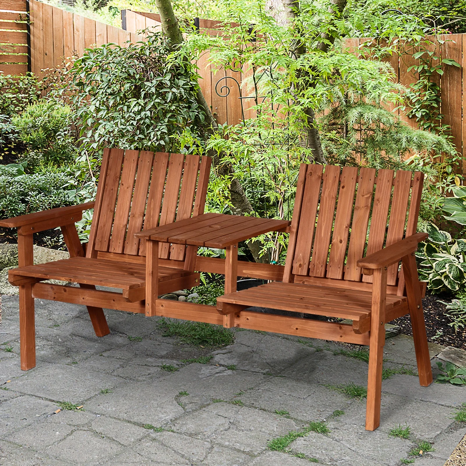 Outsunny 2-Seater Fir Wood Bench w/ Centre Table - Image 2
