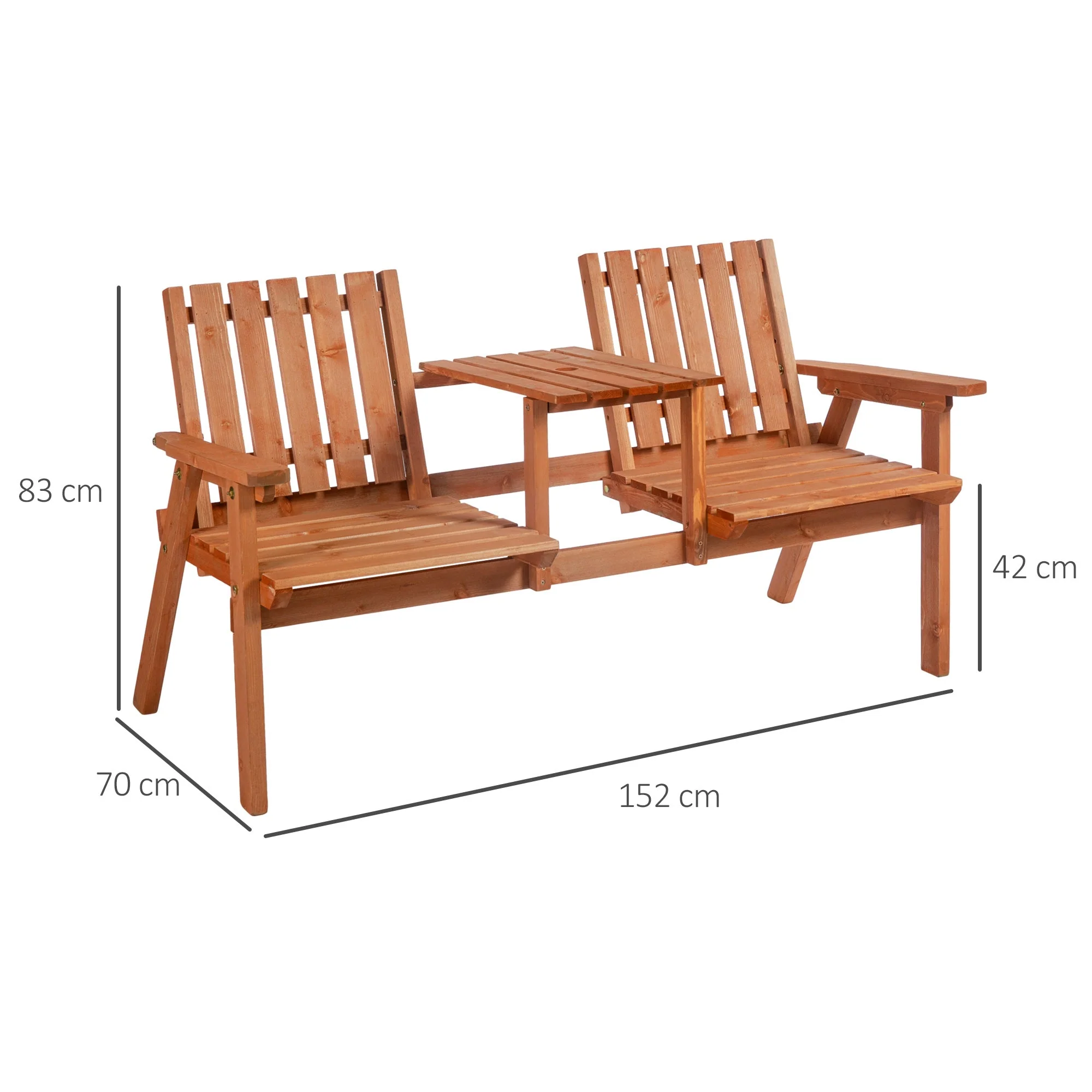 Outsunny 2-Seater Fir Wood Bench w/ Centre Table - Image 3