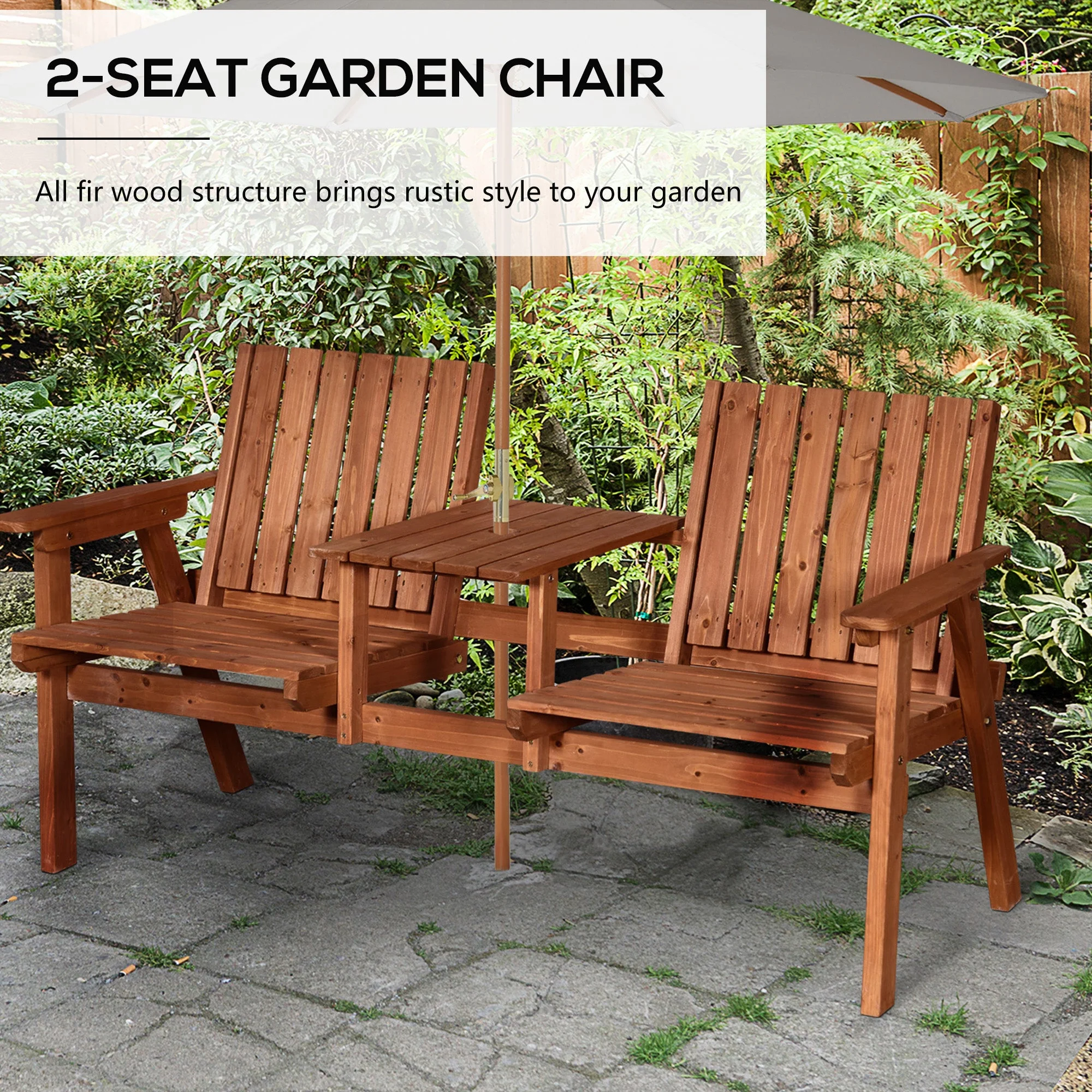 Outsunny 2-Seater Fir Wood Bench w/ Centre Table - Image 4