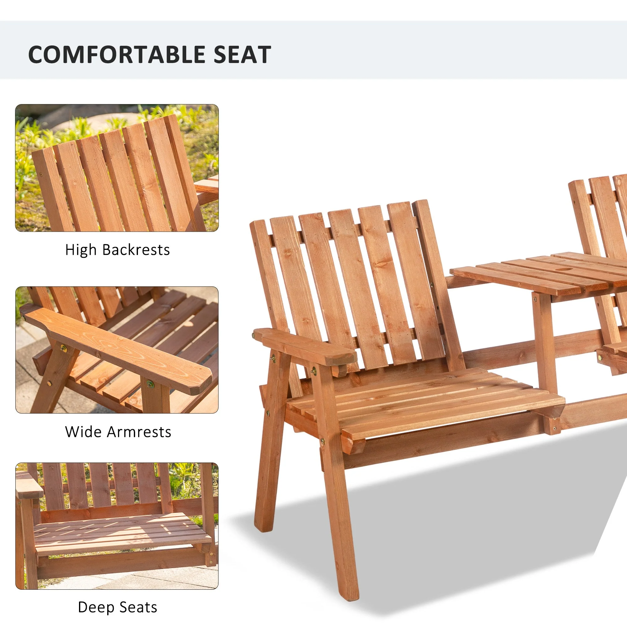 Outsunny 2-Seater Fir Wood Bench w/ Centre Table - Image 5