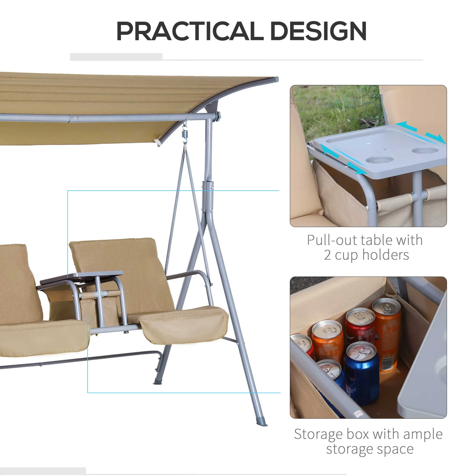 Outsunny 2 Seater Garden Swing Chair Patio Rocking Bench W/ Tilting Canopy - Image 5