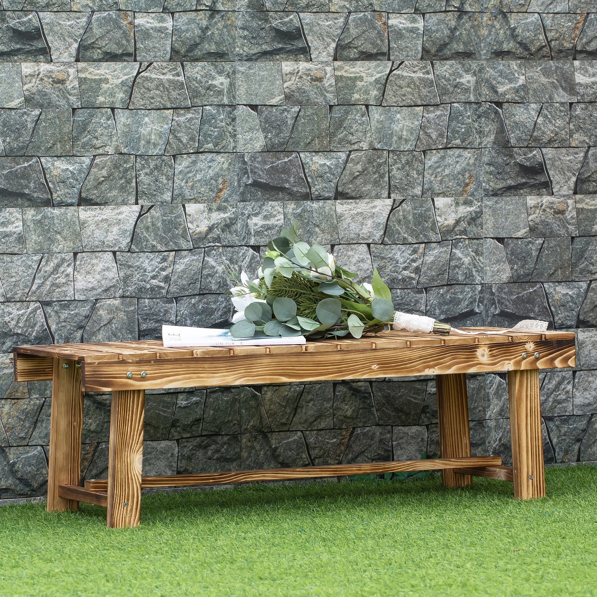 Outsunny 2-seater Outdoor Indoor Garden Wooden Bench Patio Loveseat Fir 110L x 38W x 35H cm Carbonised - Image 2
