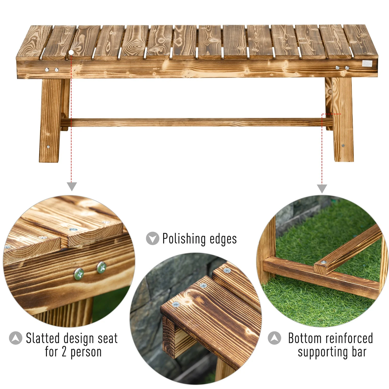 Outsunny 2-seater Outdoor Indoor Garden Wooden Bench Patio Loveseat Fir 110L x 38W x 35H cm Carbonised - Image 6