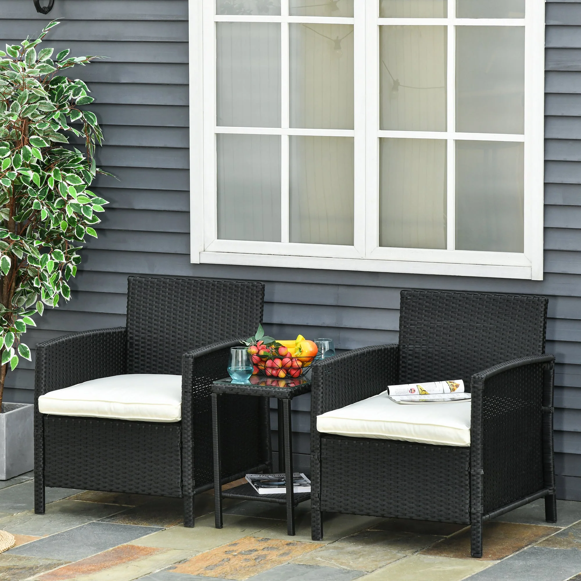Outsunny 2-Seater Pe Rattan Side Table & Armchair Bistro Set Jack And Jill Seat With Pillows Black - Image 2
