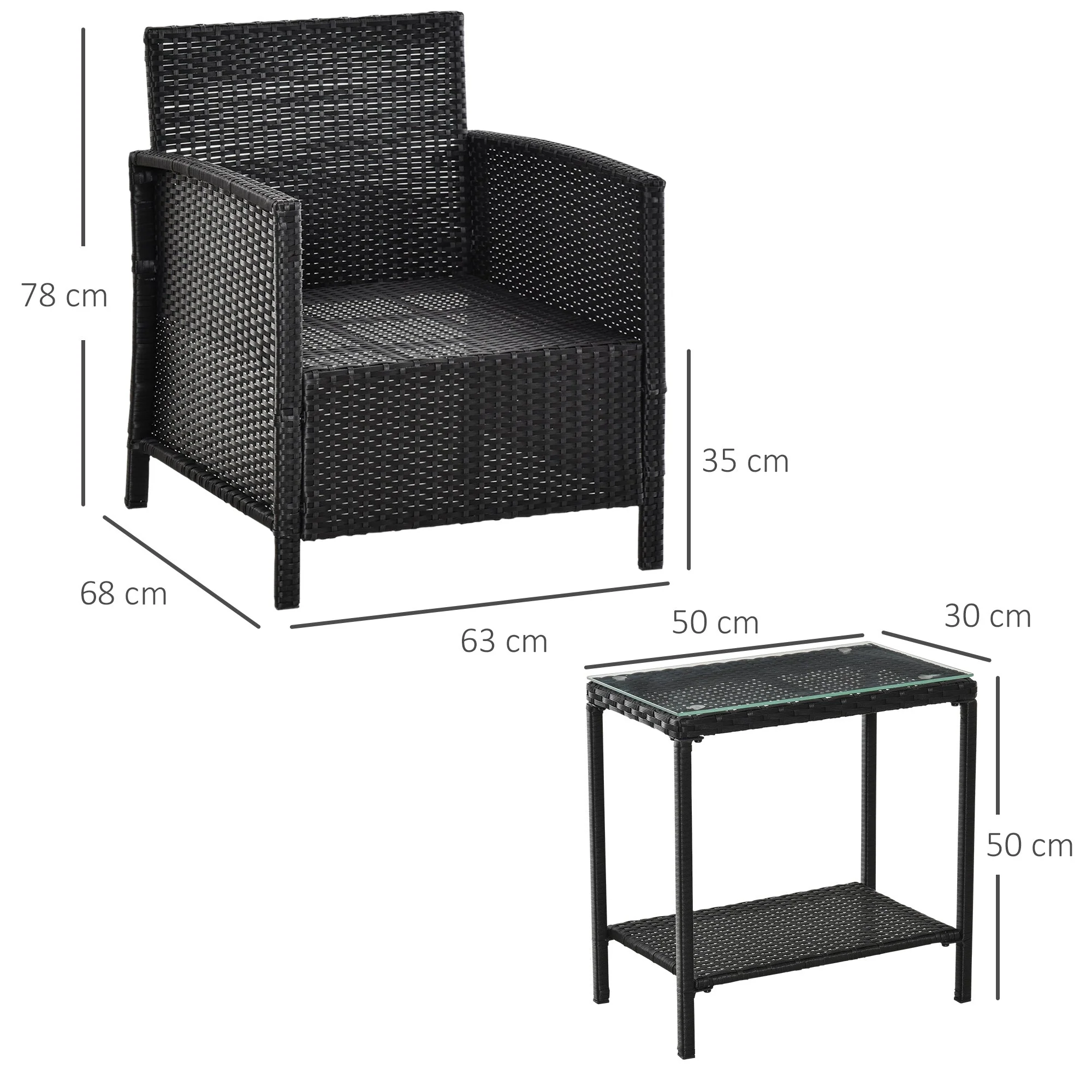 Outsunny 2-Seater Pe Rattan Side Table & Armchair Bistro Set Jack And Jill Seat With Pillows Black - Image 3