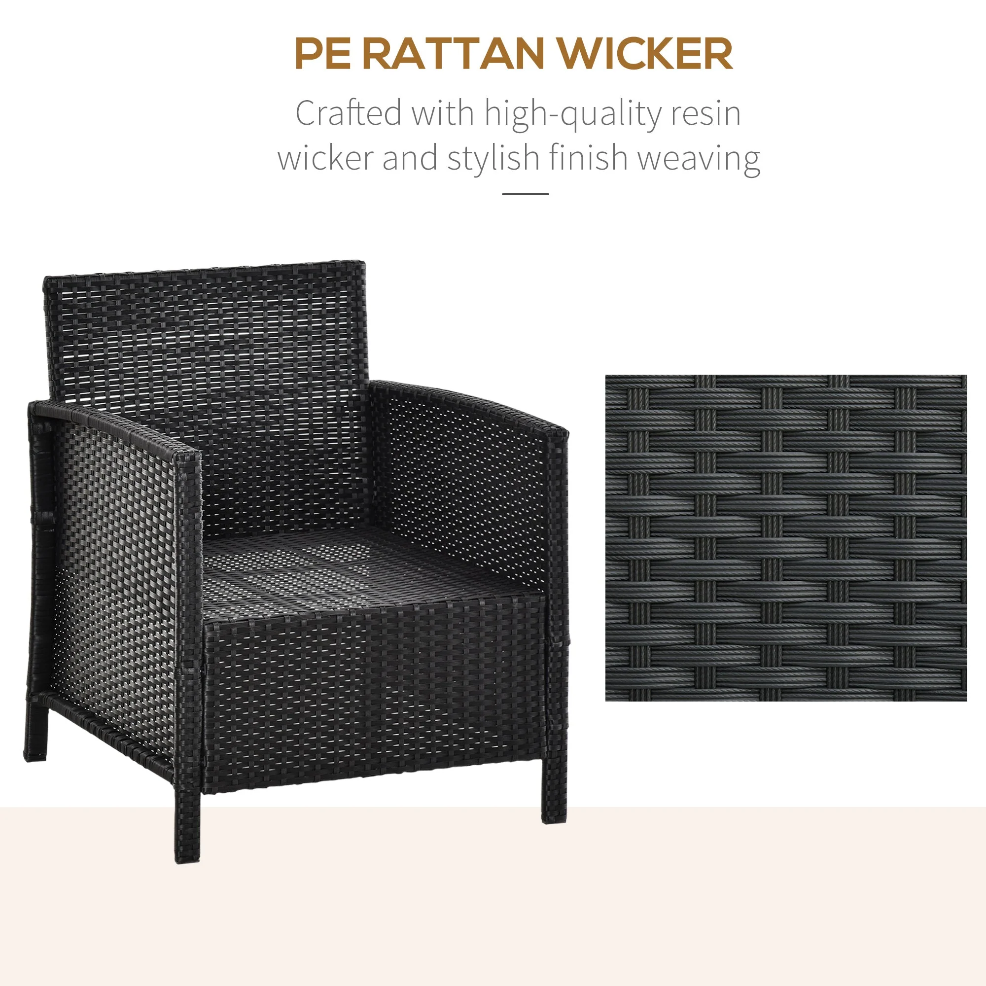 Outsunny 2-Seater Pe Rattan Side Table & Armchair Bistro Set Jack And Jill Seat With Pillows Black - Image 7