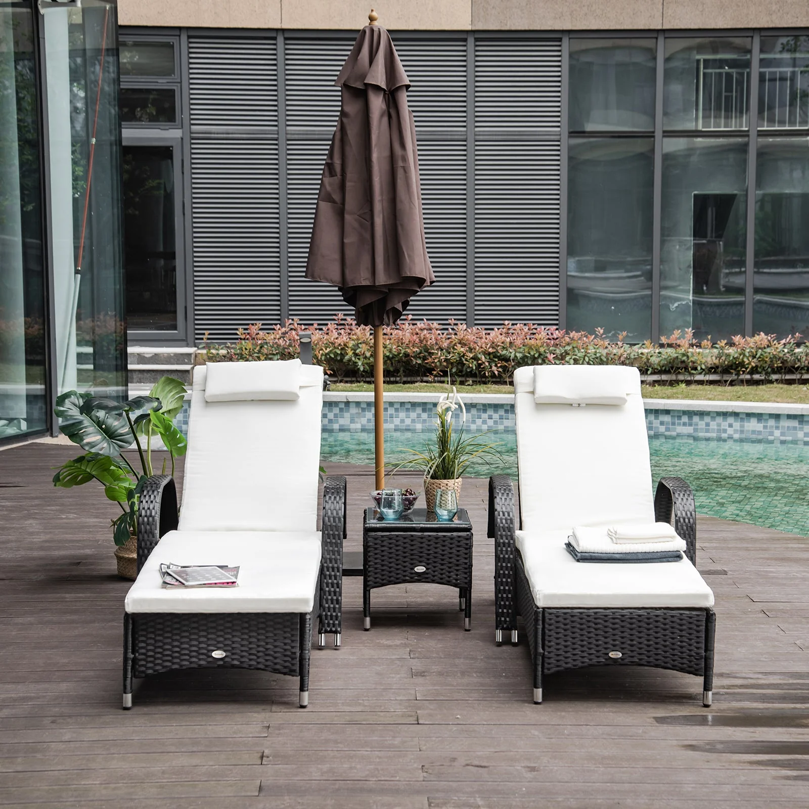 Outsunny 2 Seater Rattan Sun Lounger Set With Side Table Black - Image 2