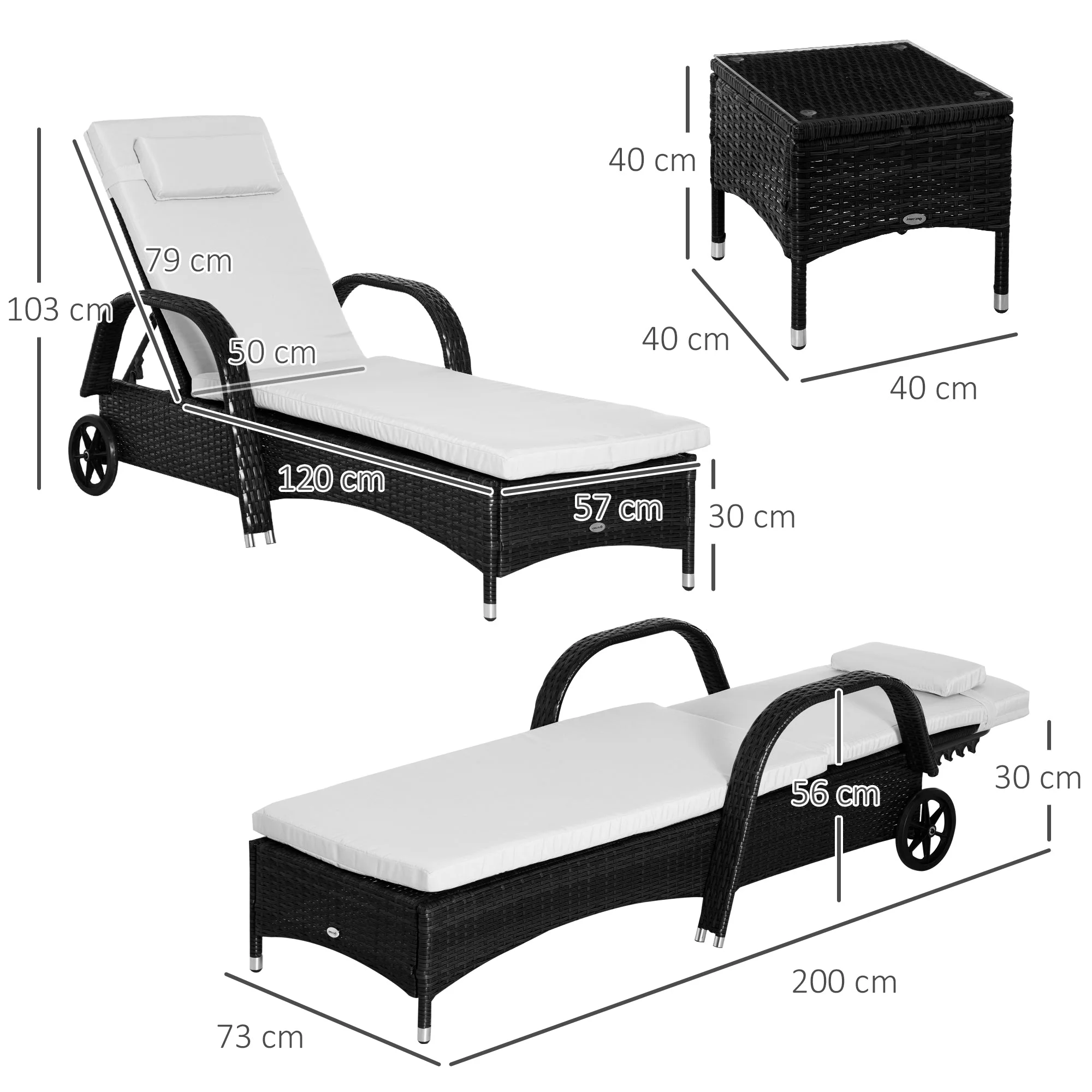 Outsunny 2 Seater Rattan Sun Lounger Set With Side Table Black - Image 3