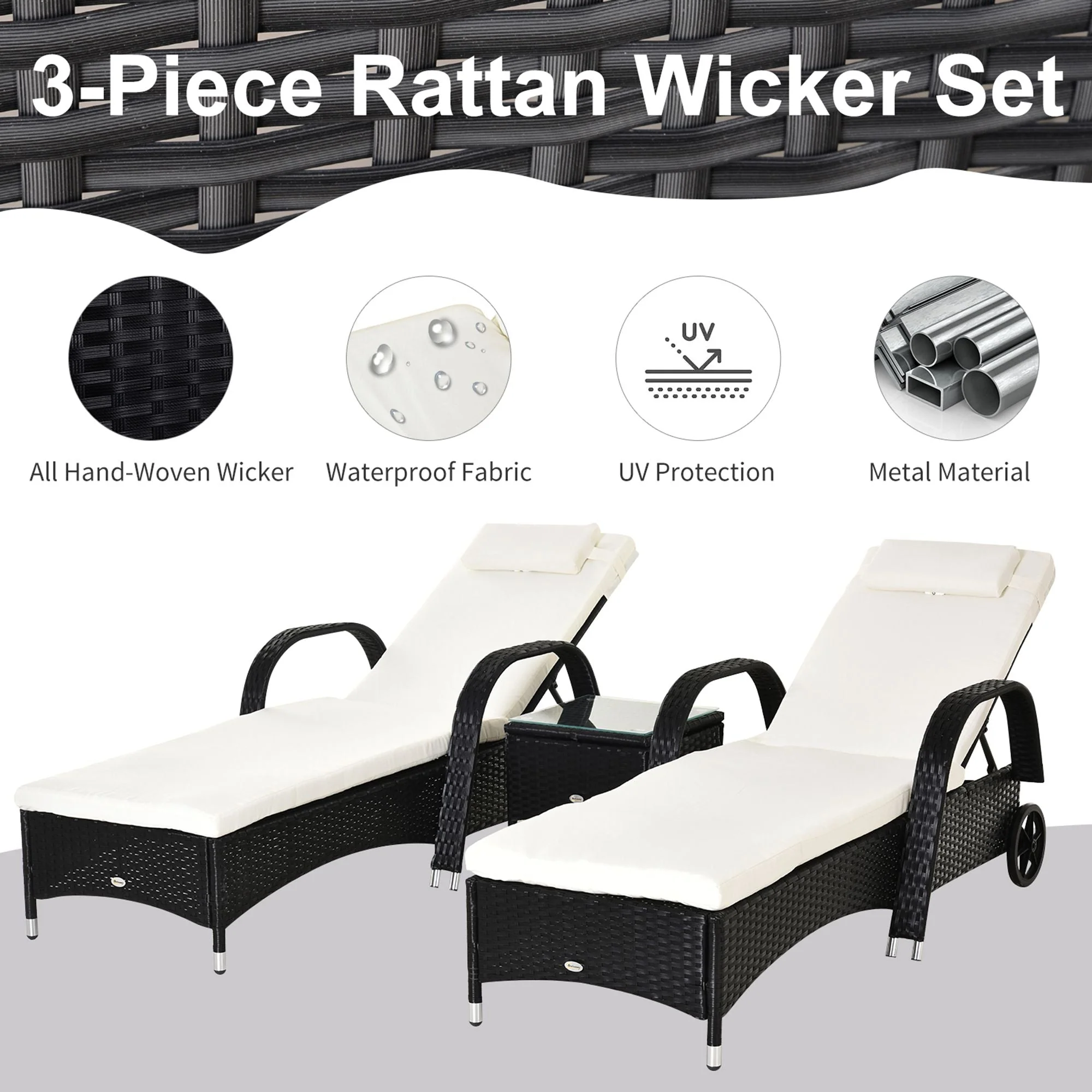 Outsunny 2 Seater Rattan Sun Lounger Set With Side Table Black - Image 4