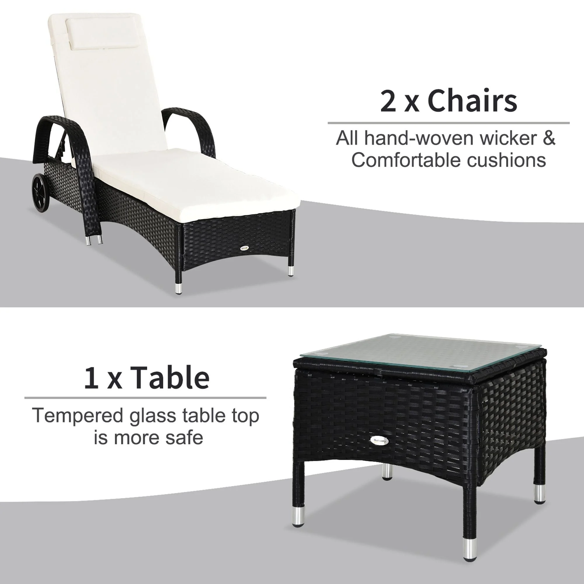 Outsunny 2 Seater Rattan Sun Lounger Set With Side Table Black - Image 5