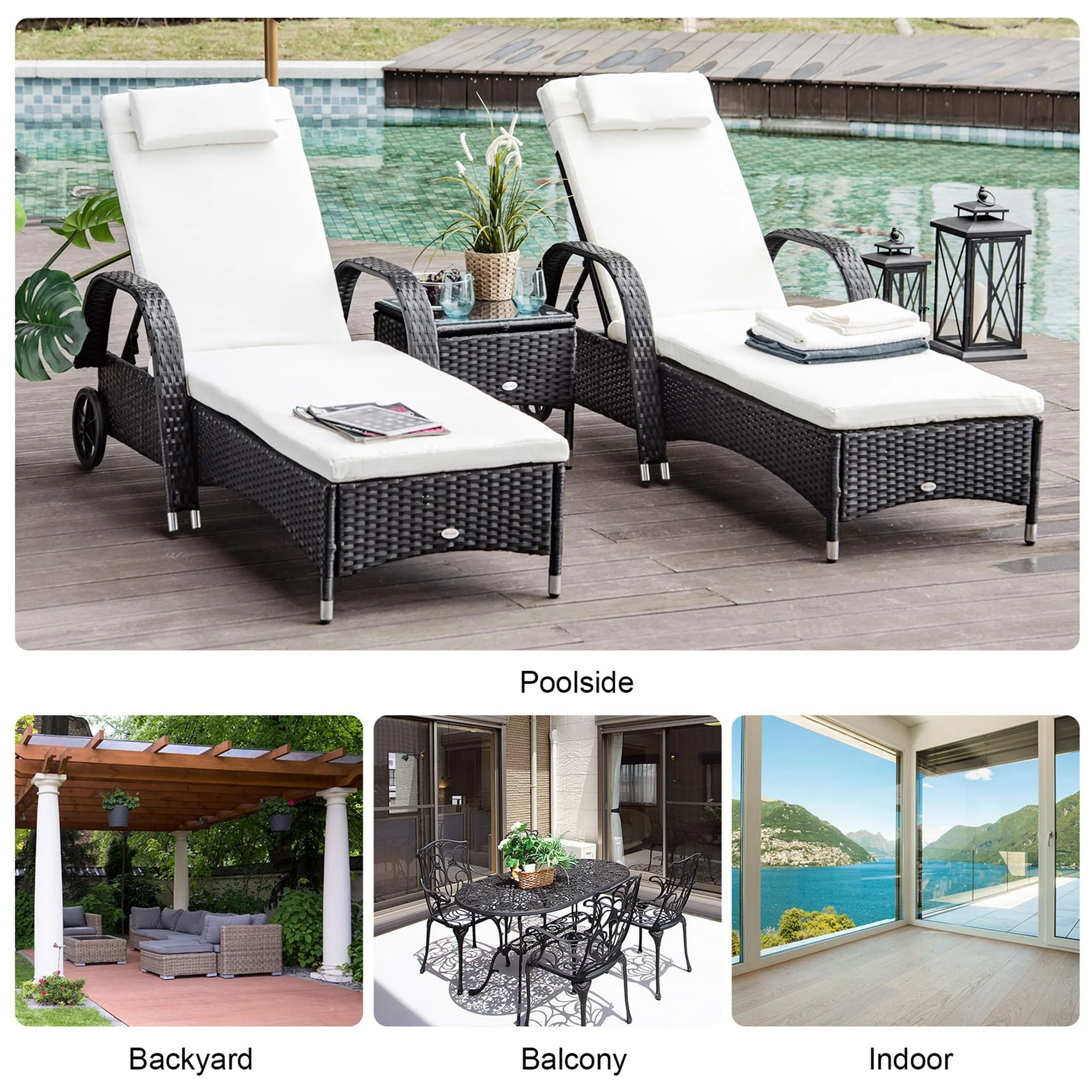 Outsunny 2 Seater Rattan Sun Lounger Set With Side Table Black - Image 6