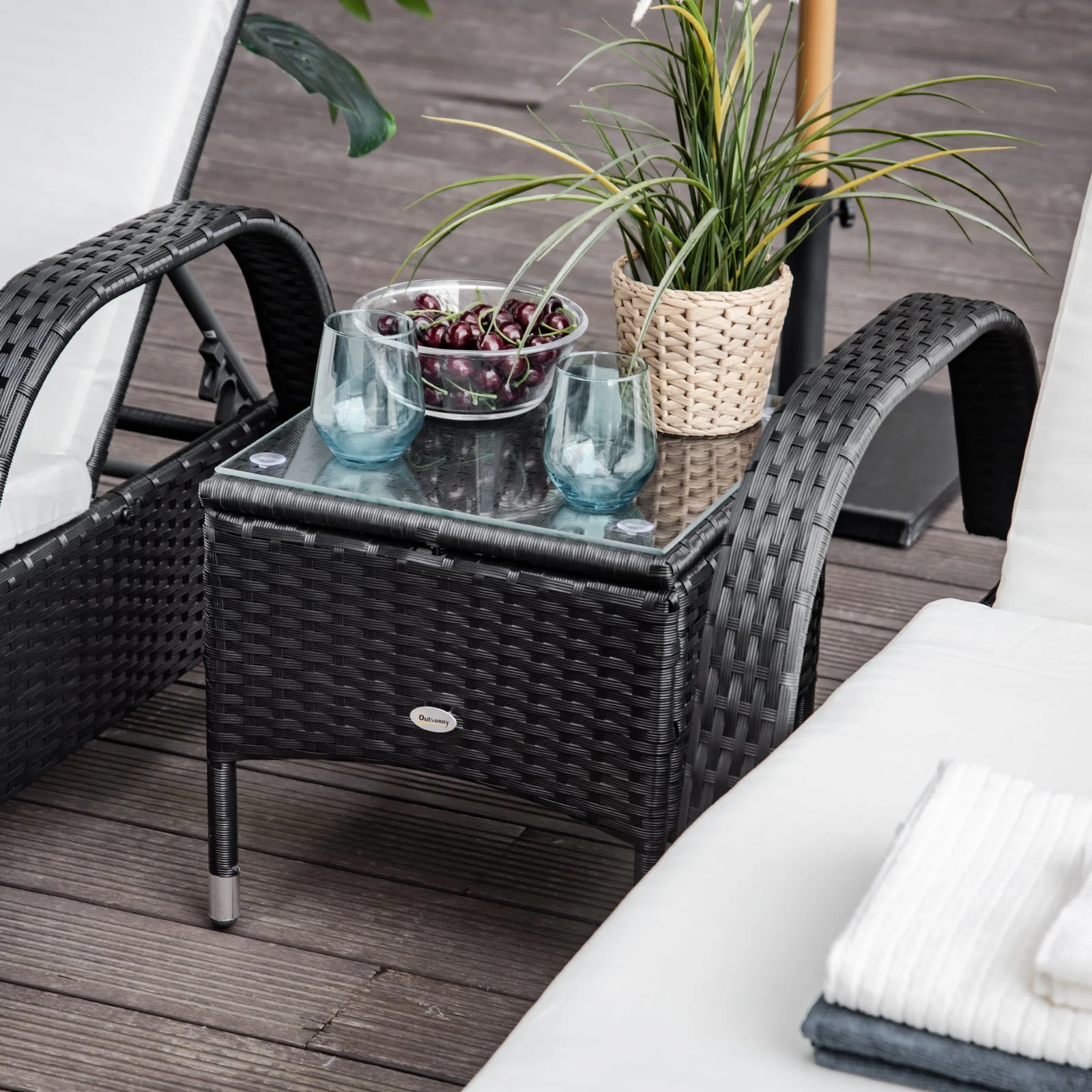 Outsunny 2 Seater Rattan Sun Lounger Set With Side Table Black - Image 8