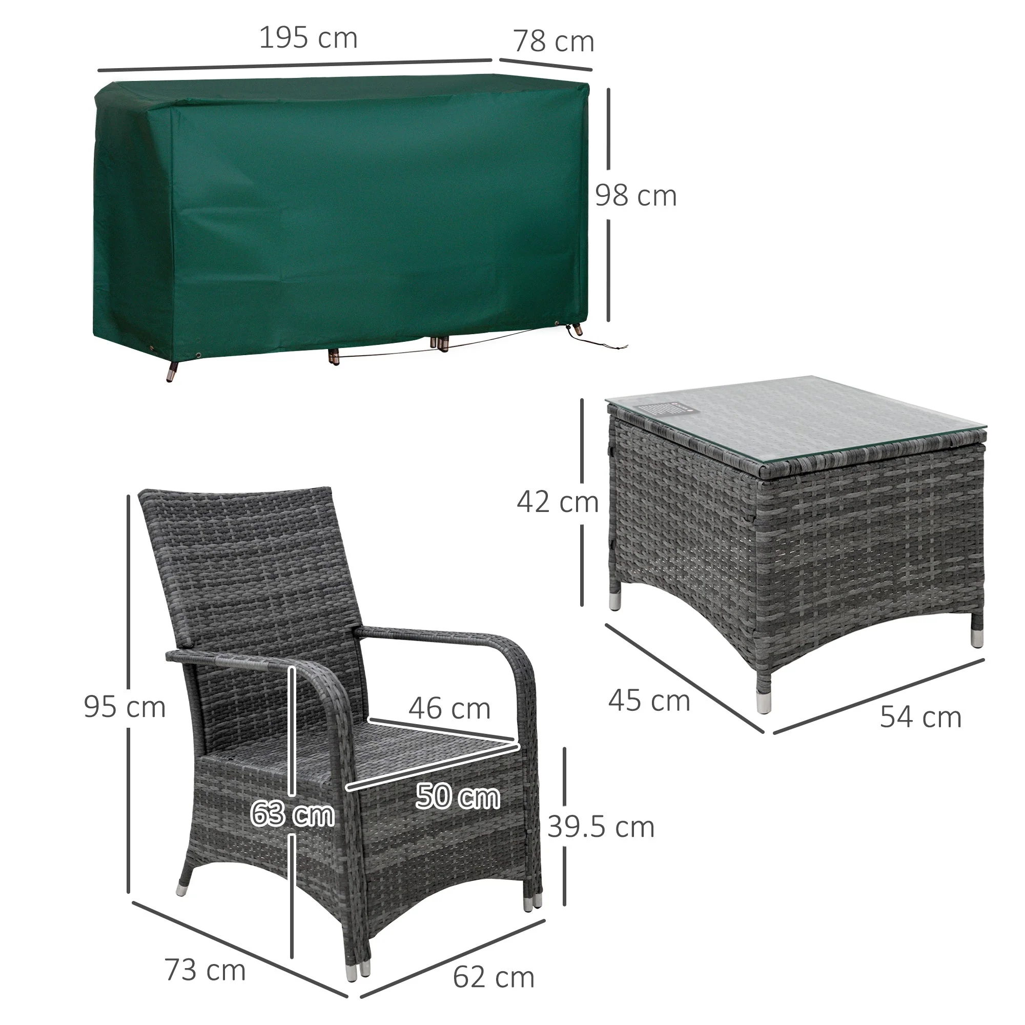 Outsunny 2-Seater Rattan Table Chair Bistro Garden Furniture Set Wicker Table Outdoor Patio - Image 3