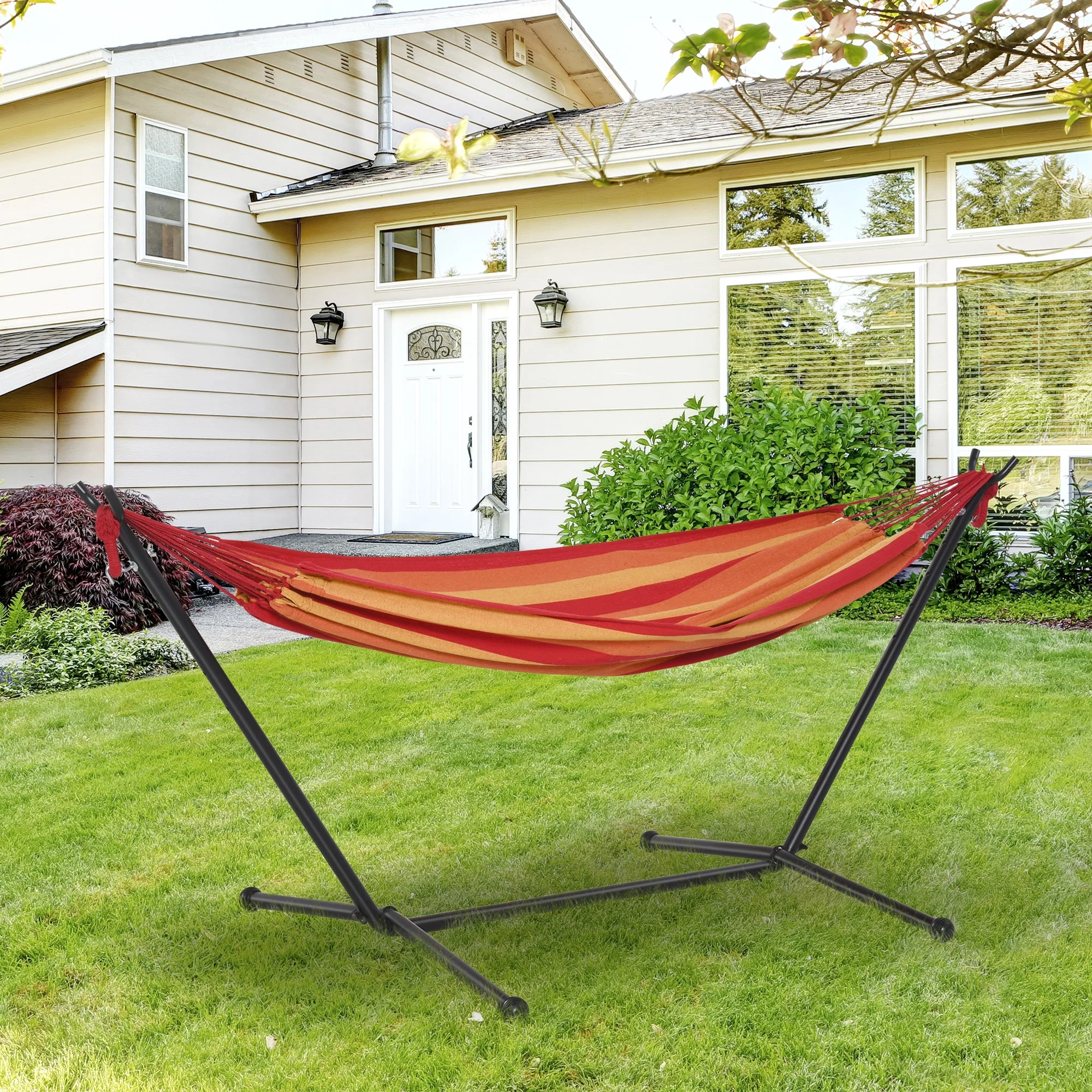 Outsunny 277 X 121cm Hammock With Metal Stand Portable Carrying Bag 120Kg Red Stripe - Image 2